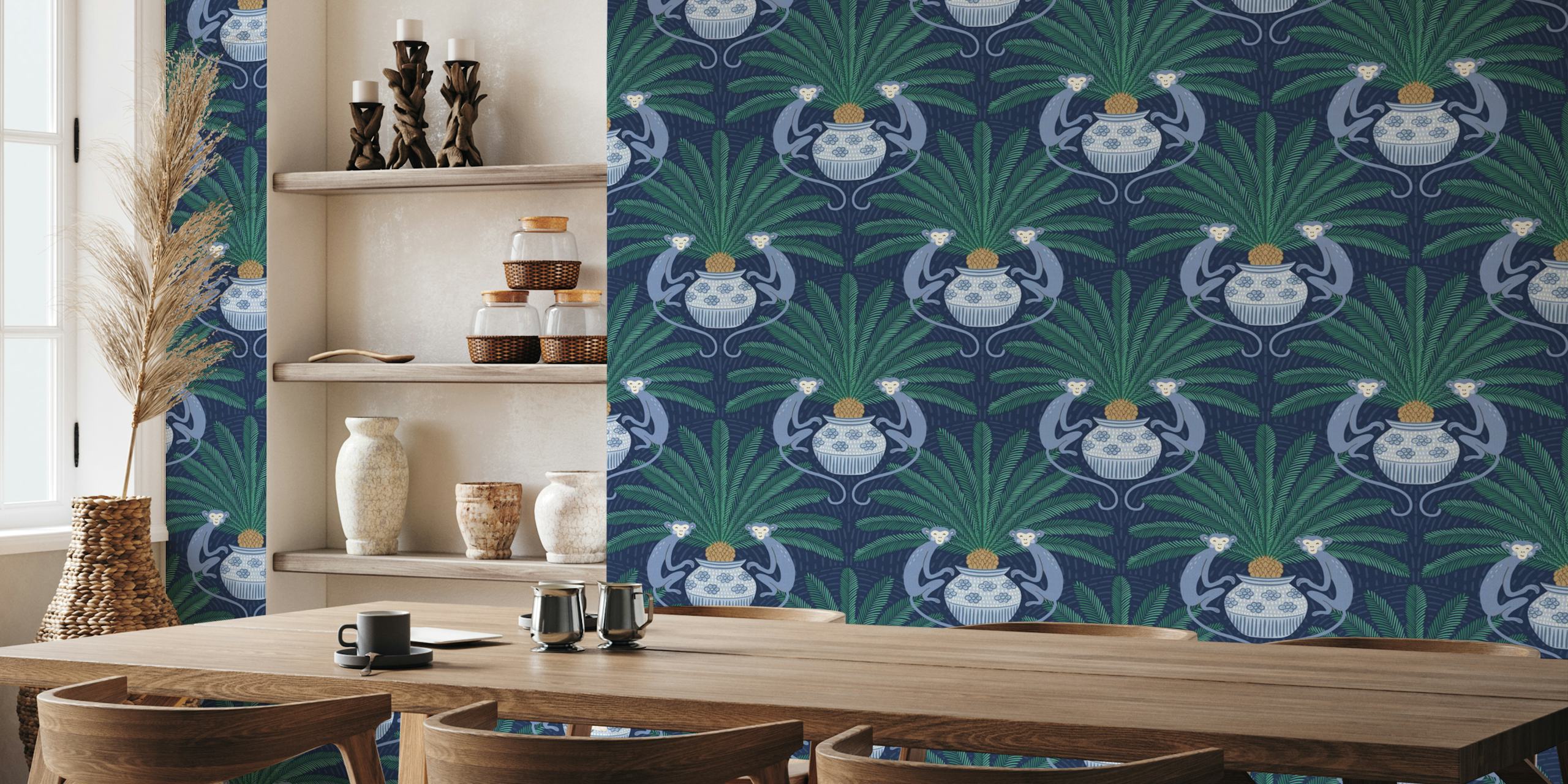 Tropical palm leaves and monkeys in blue wallpaper