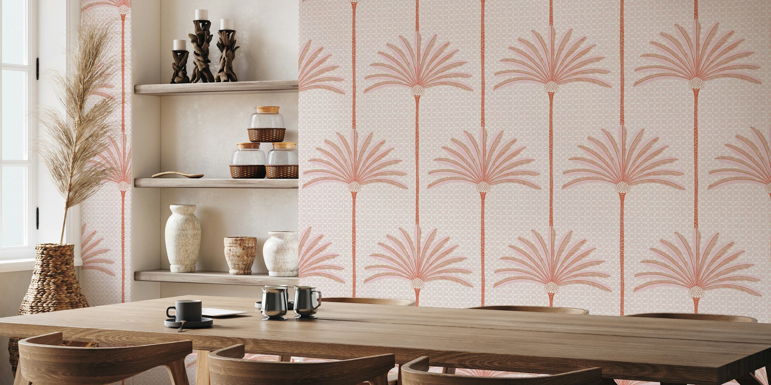 Palm Stripes pink wallpaper displayed in a room