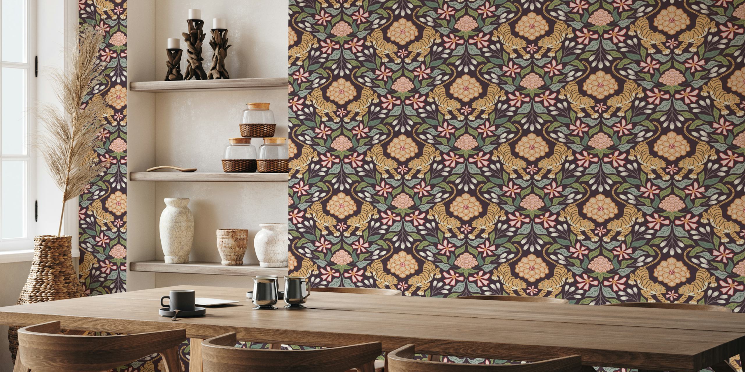 Dark tiger and flowers pattern wallpaper in room