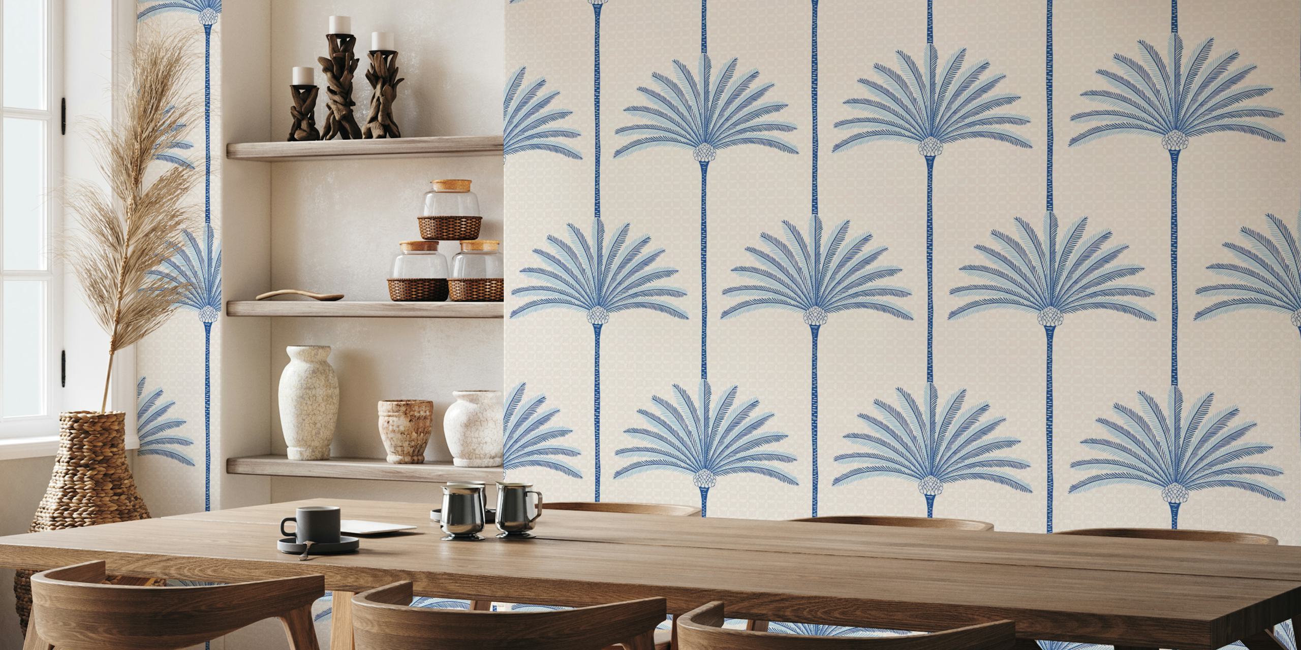 Palm tree pattern in blue on light background wallpaper