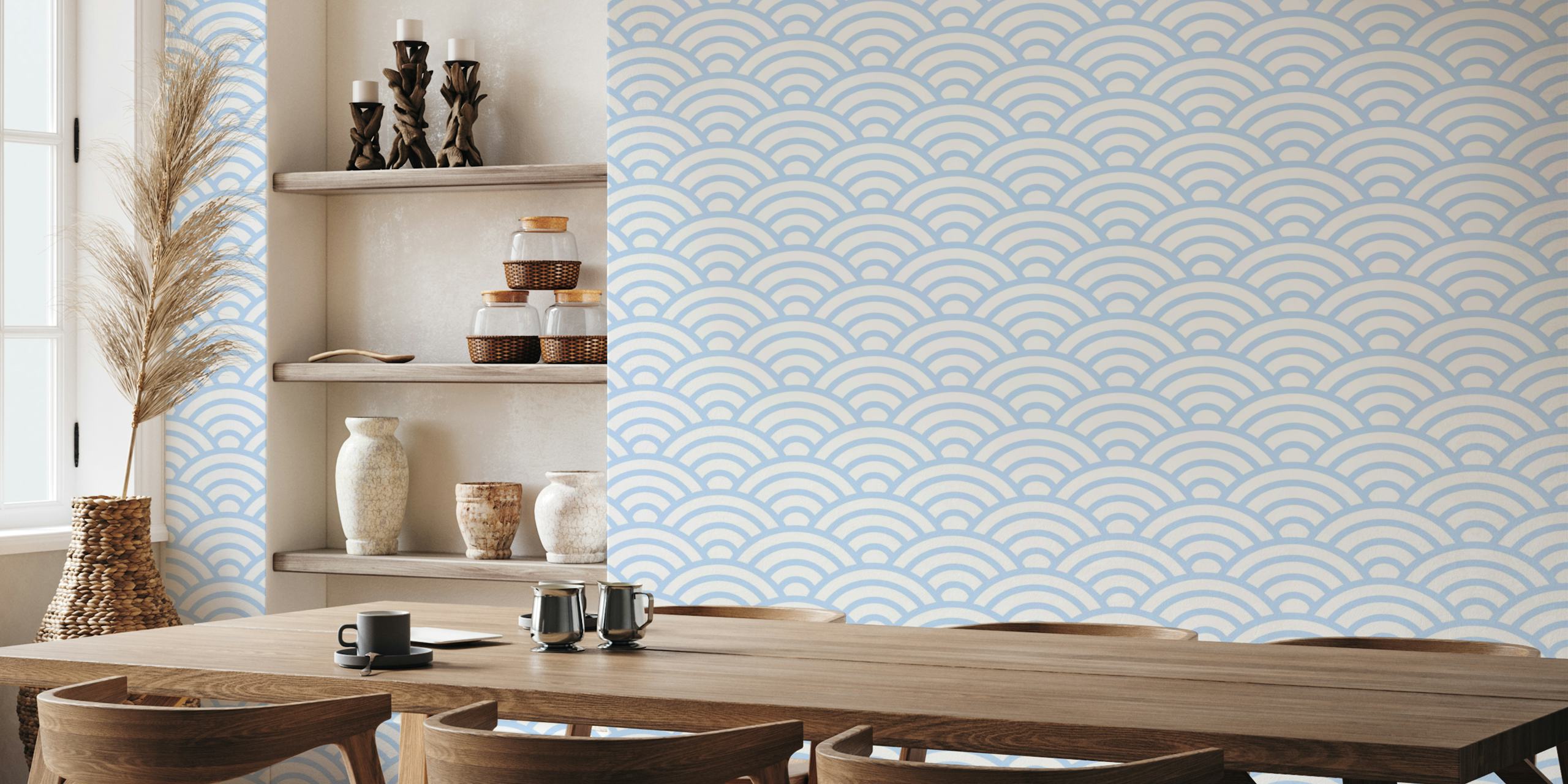 Light blue Seigaiha wave motif wallpaper in room