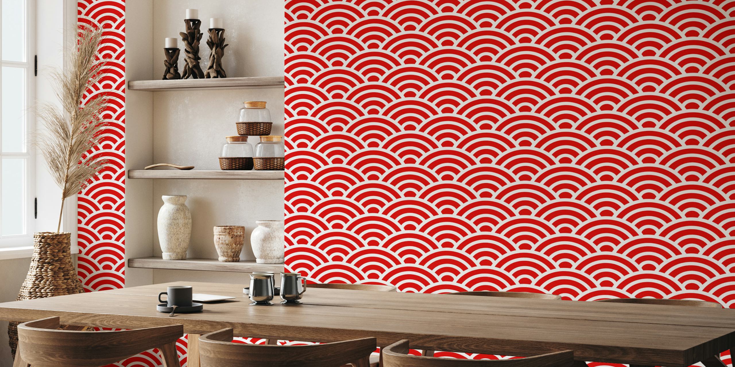 Seigaiha wave motif 9 wall mural in red and white