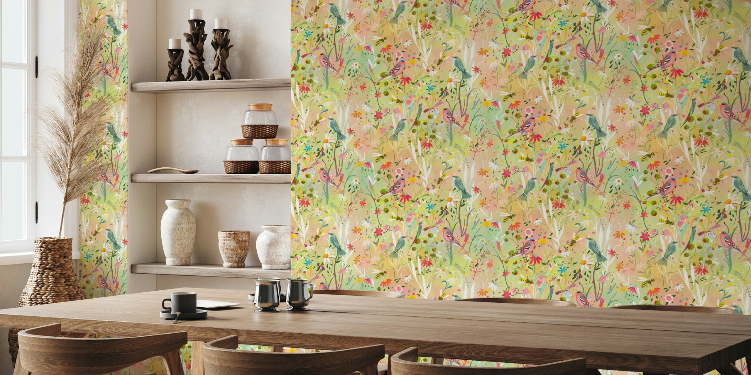 Tapet med pastel meadow, busy bees + birds