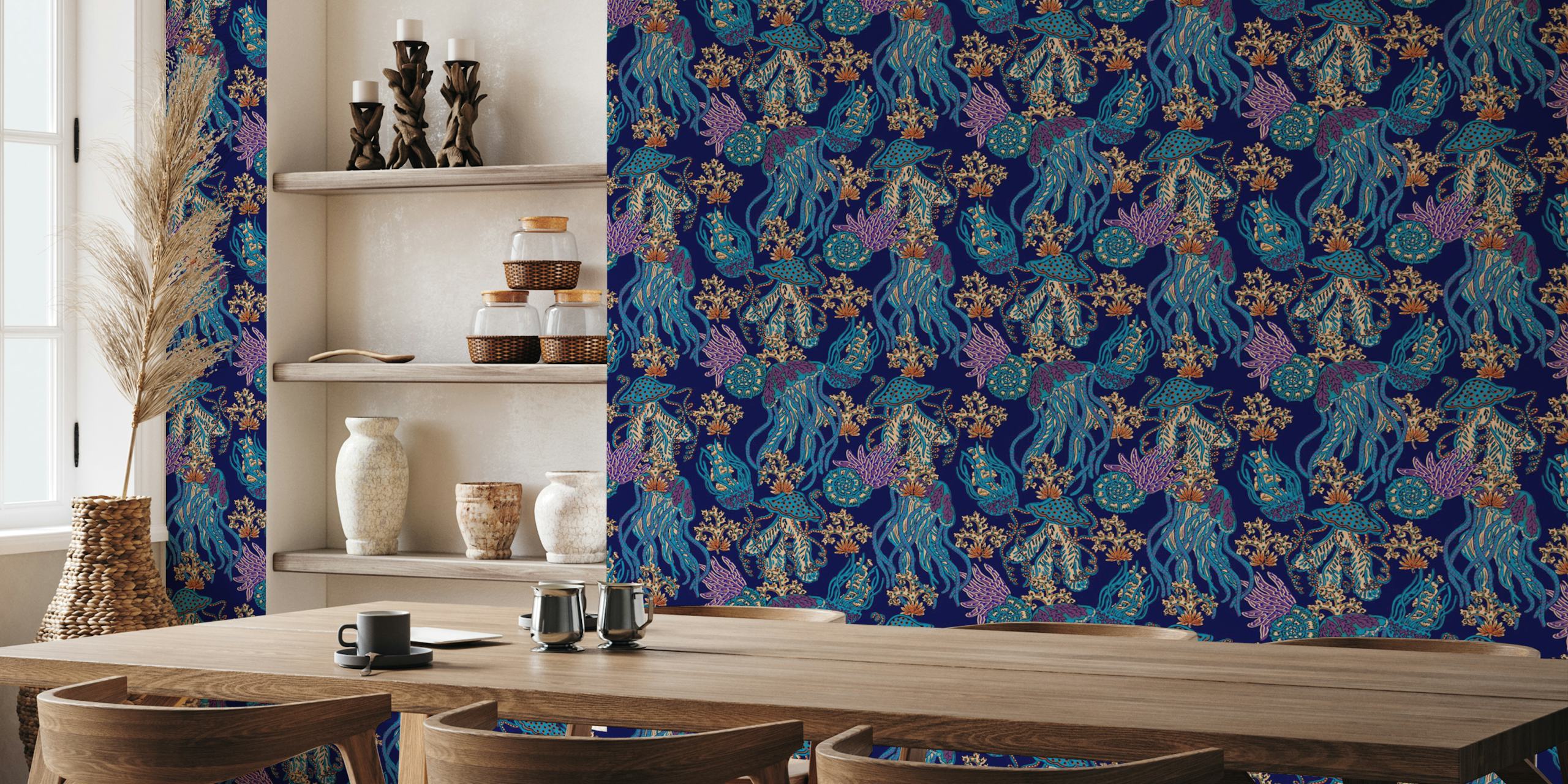 Navy blue jellyfish and coral patterned wallpaper