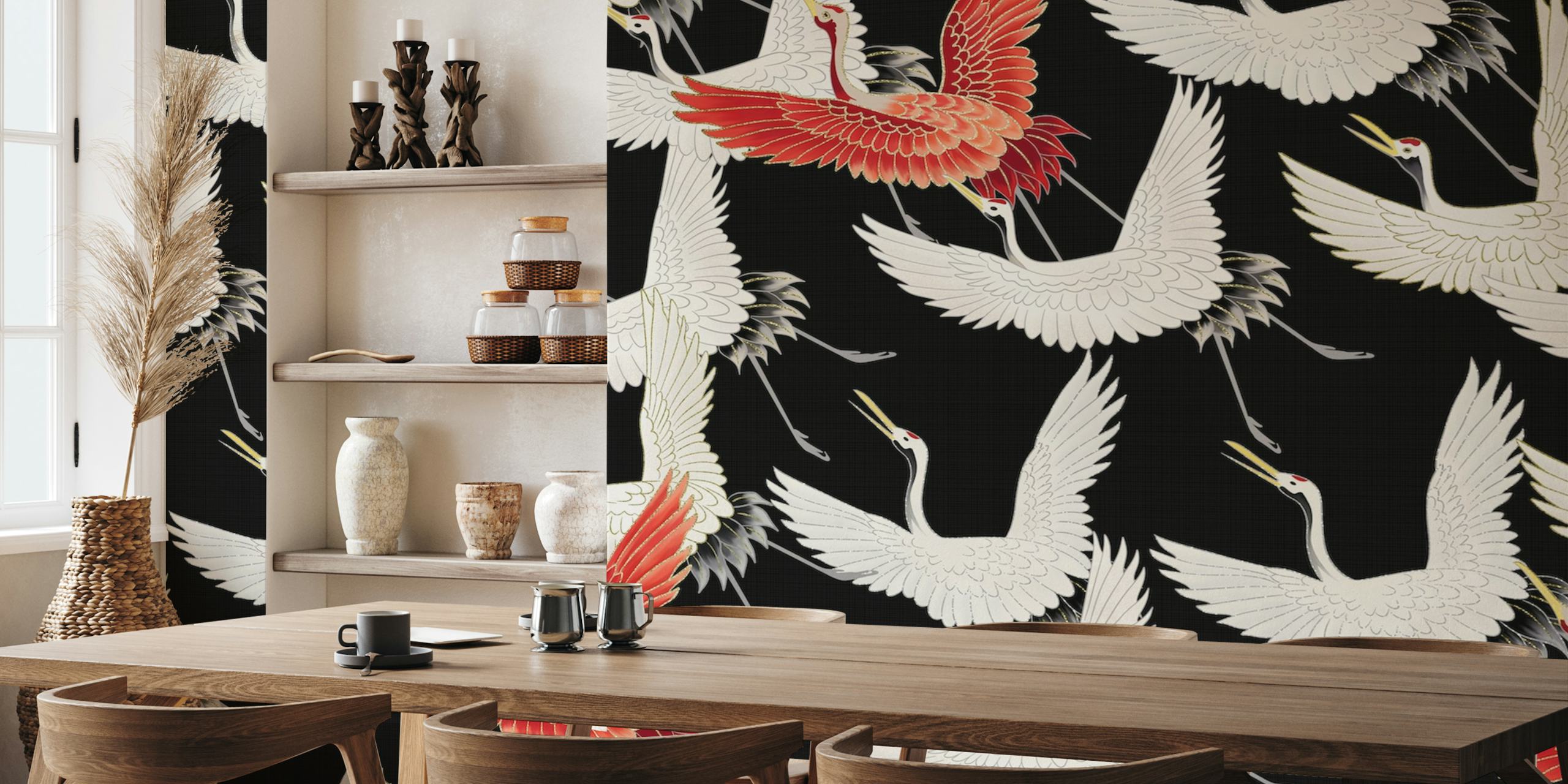 Japanese cranes wallpaper design in a room