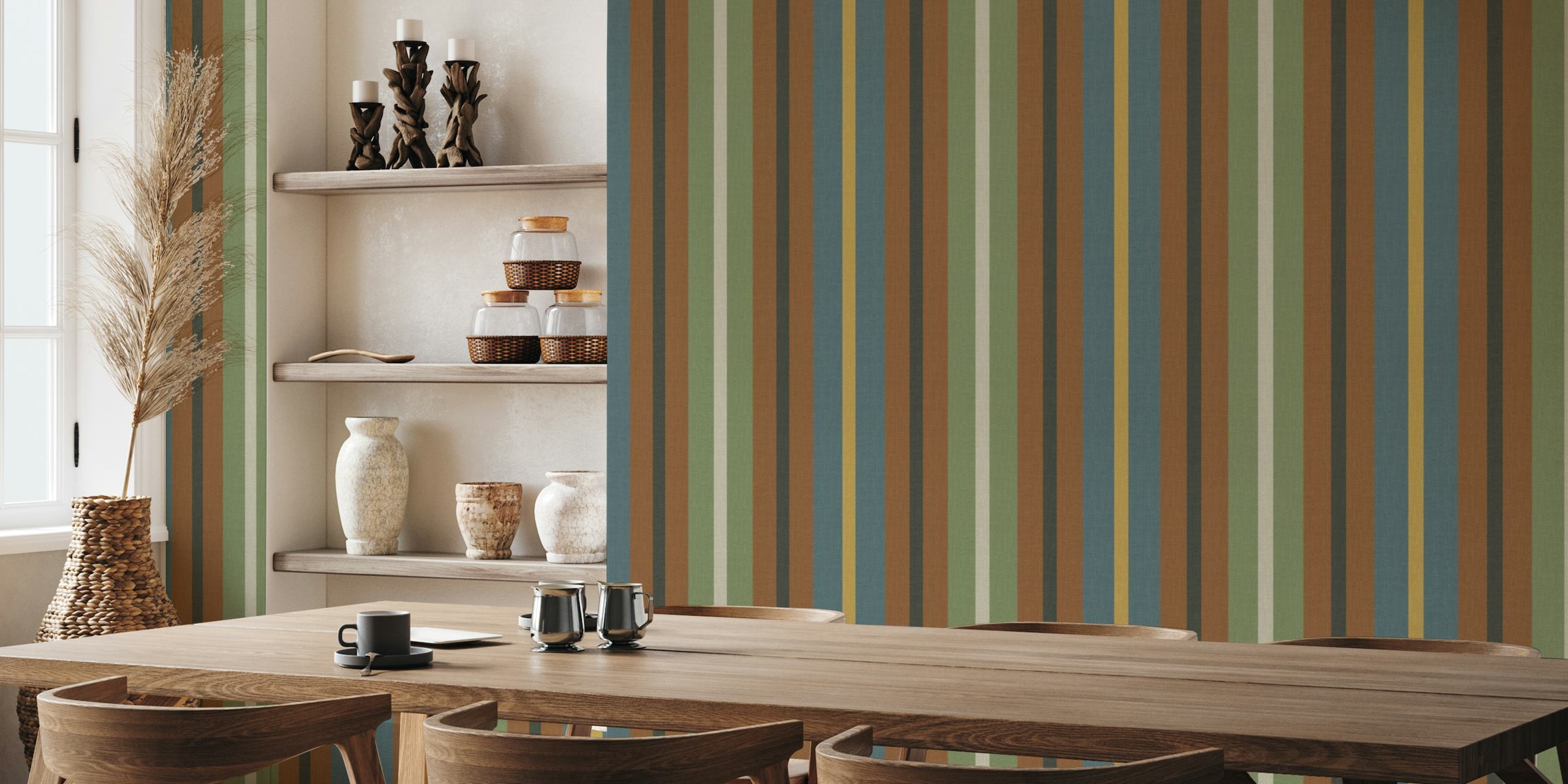 Earthy toned burlap textured stripes wall mural in green, gray, rust, and teal colors.