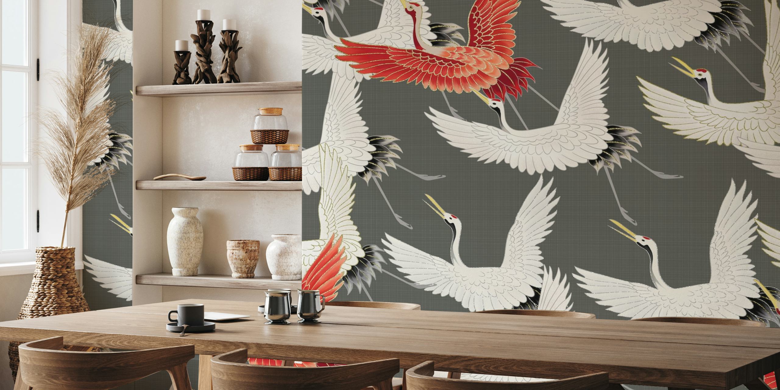 Artistic depiction of Japanese cranes in flight with a standout red crane against a grey background.