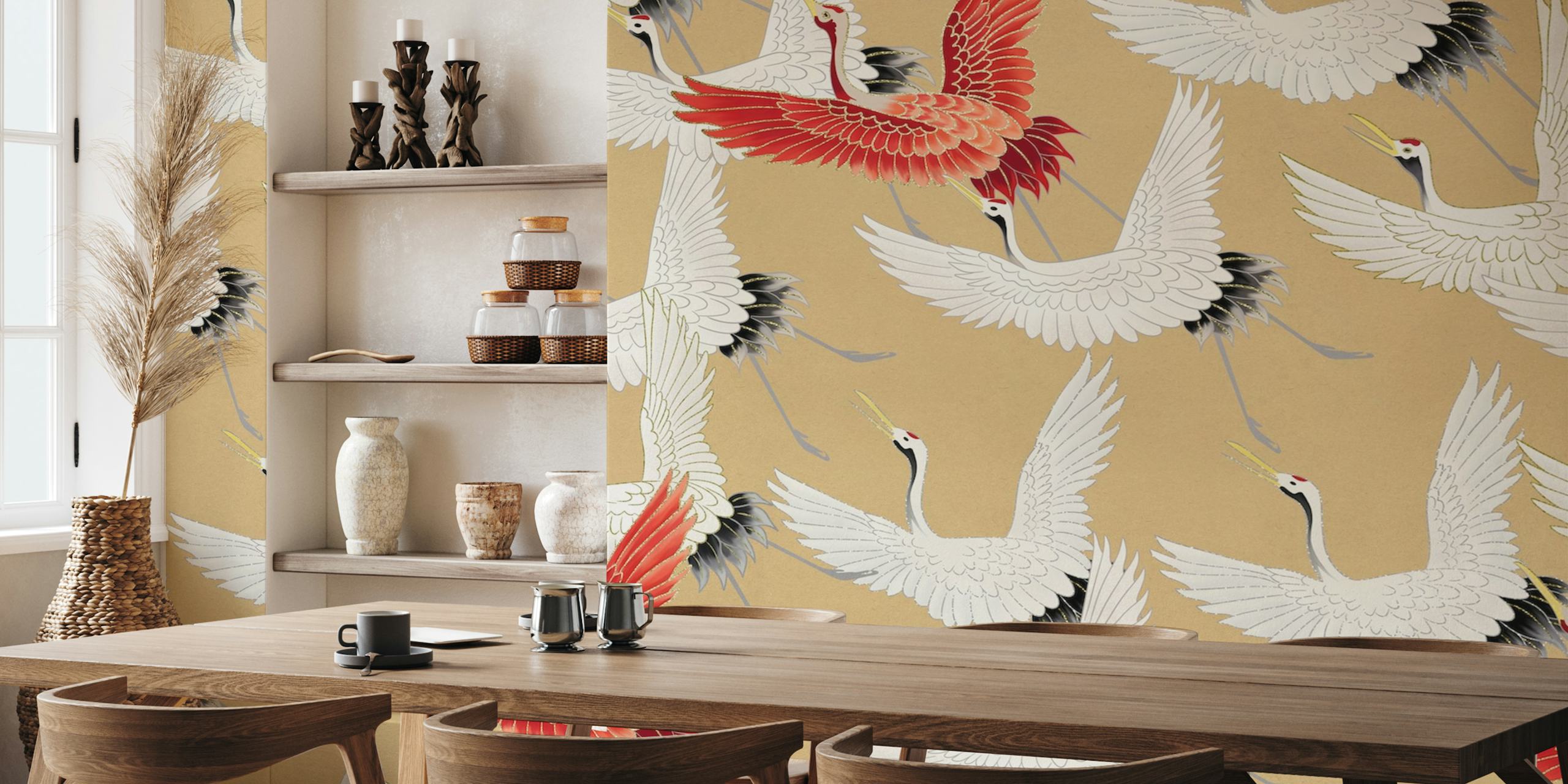 White and red cranes on golden background wallpaper