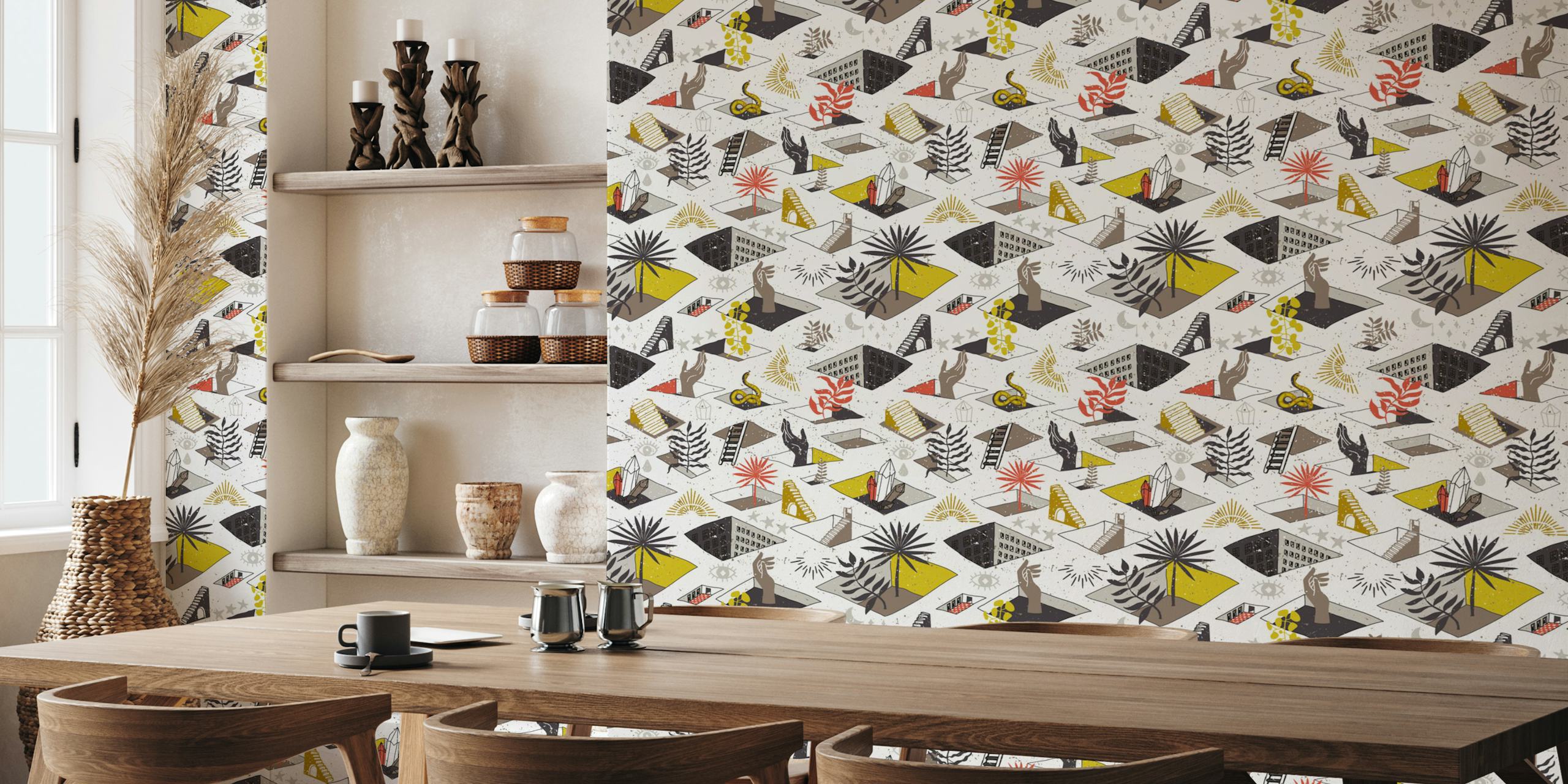 Peinture murale abstraite artistique avec des motifs inspirés des tatouages, des formes géométriques et des motifs naturels.
