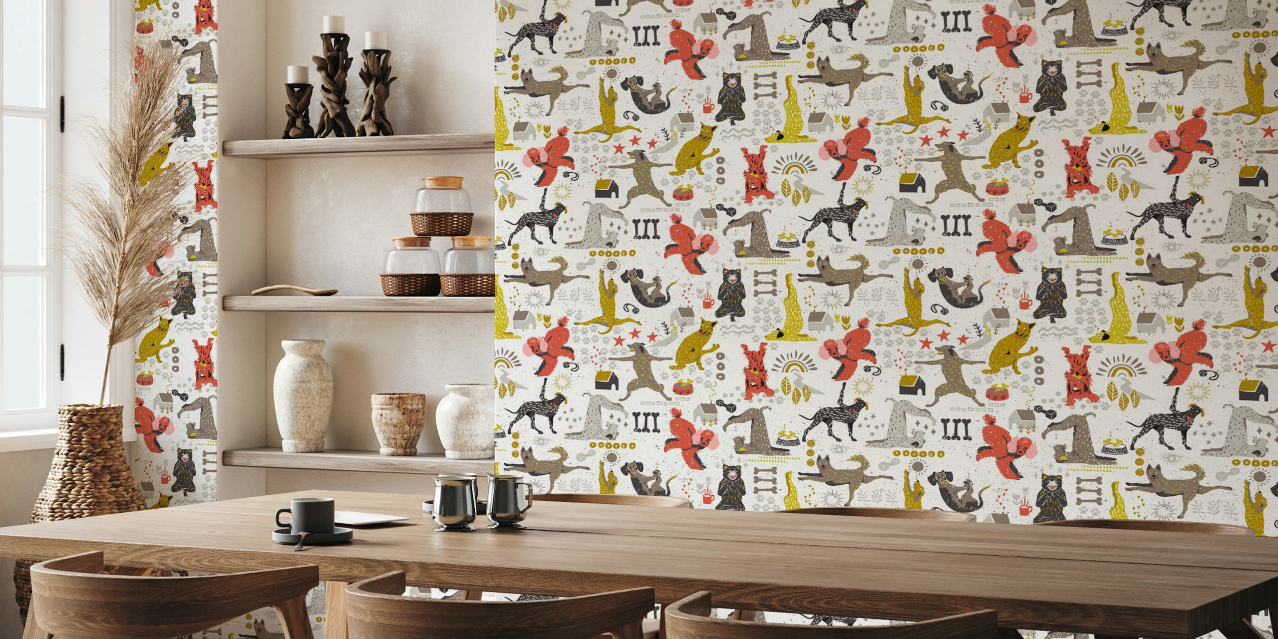 Yoga dogs wallpaper in a cheerful room setting