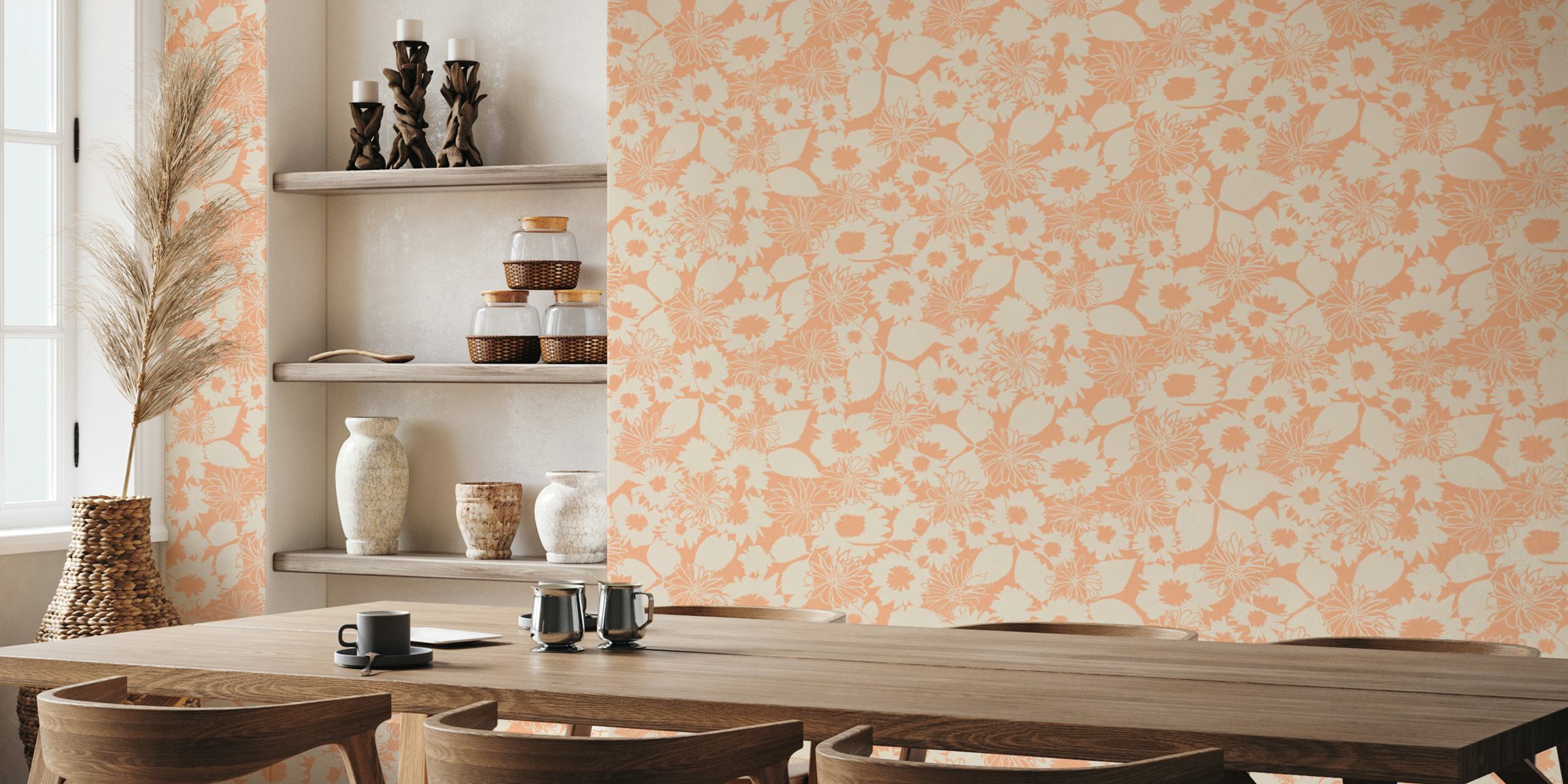 Abstract floral pattern wall mural in pastel peach tones