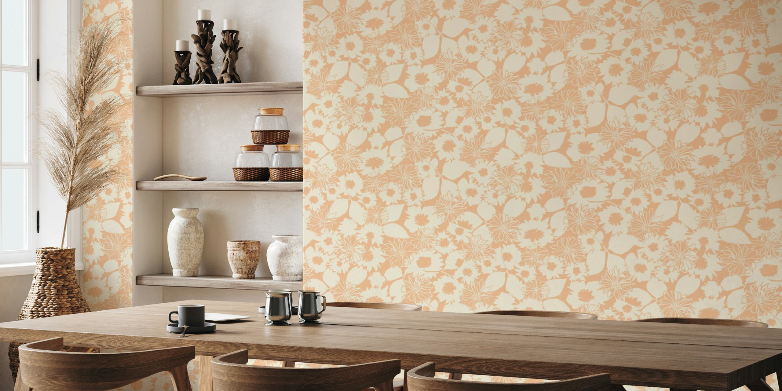 Abstract floral pattern wall mural in pastel peach tones