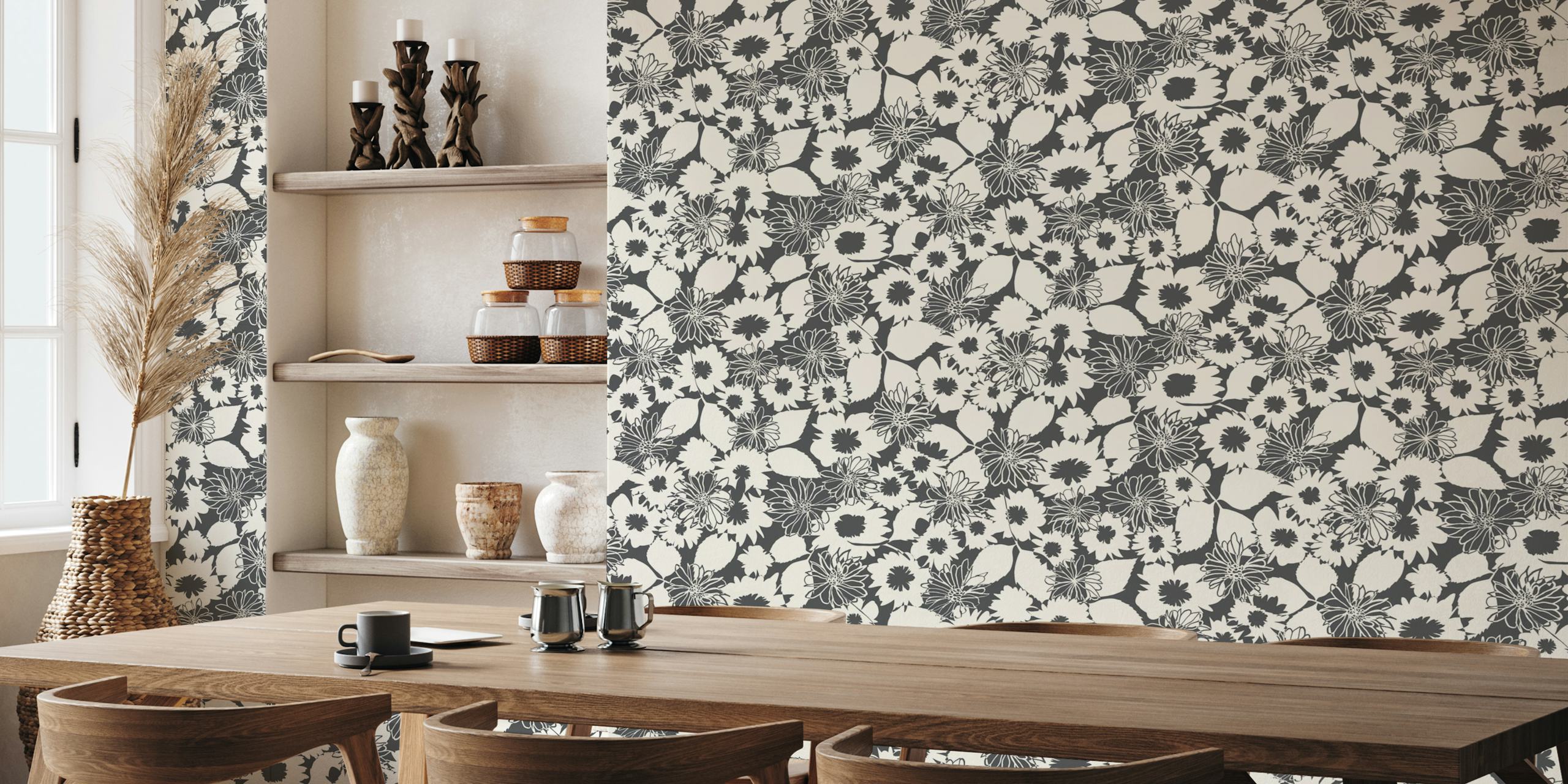 Floral pattern in grey with black outlines wallpaper