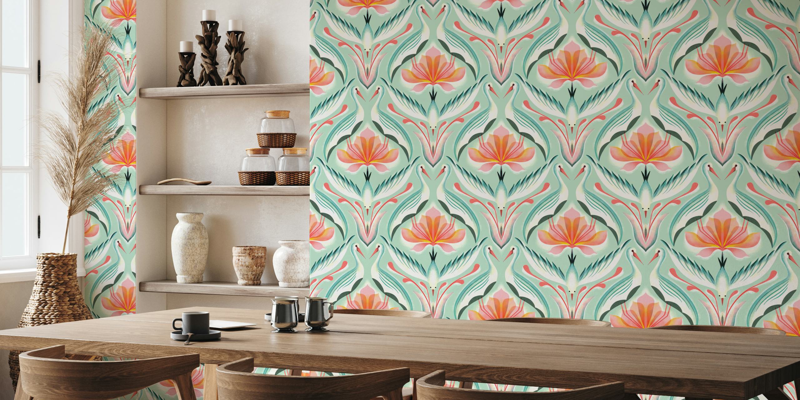 Fototapete mit Lotusblumen und eleganten Kranichen in symmetrischem Design mit einer sanften Farbpalette