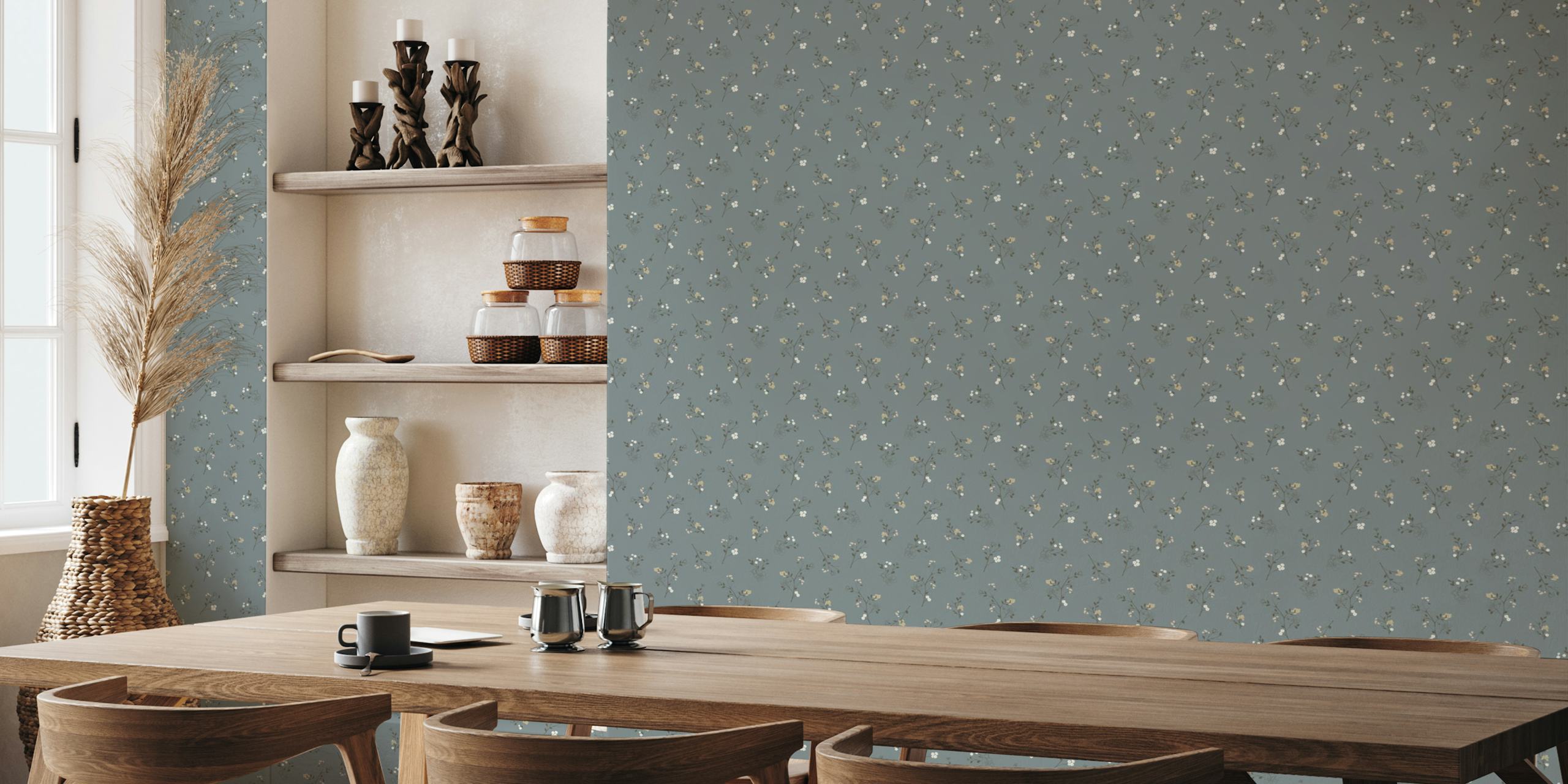 Floral Romantic Whisper Trust wall mural with serene blue backdrop and soft white and beige flowers