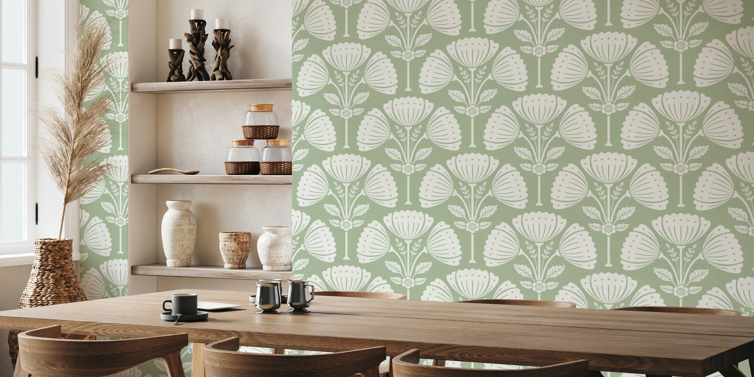 Block print style floral bouquet wall mural in sage green