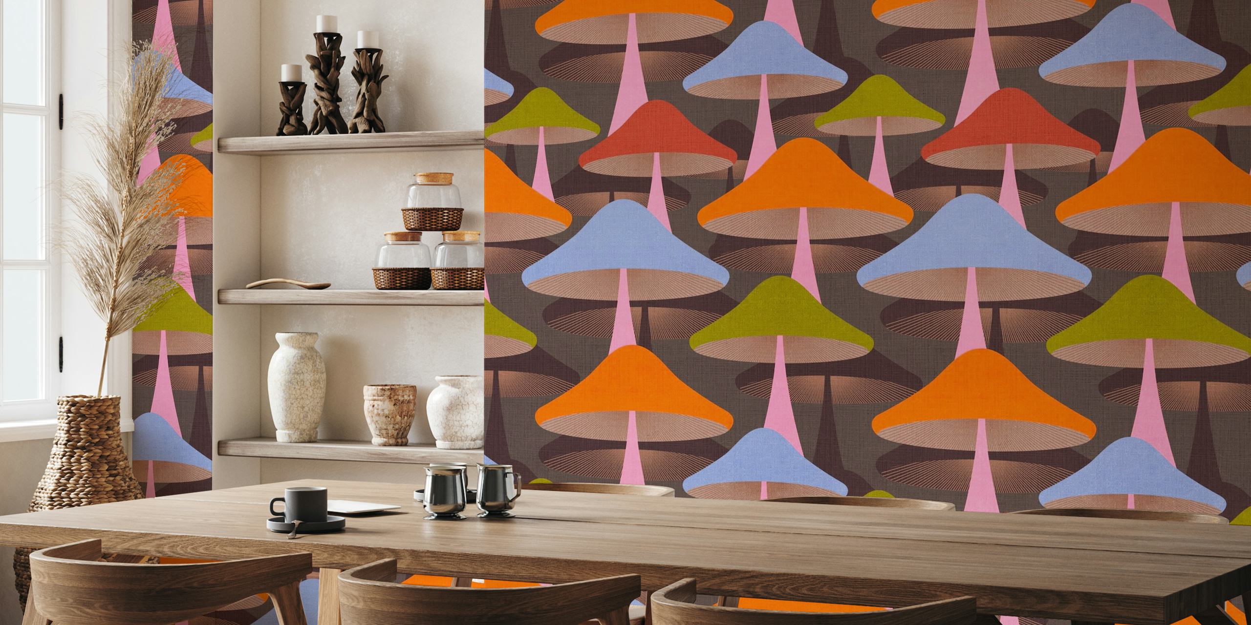 Abstract Retro Groovy Mushrooms Brown ταπετσαρία