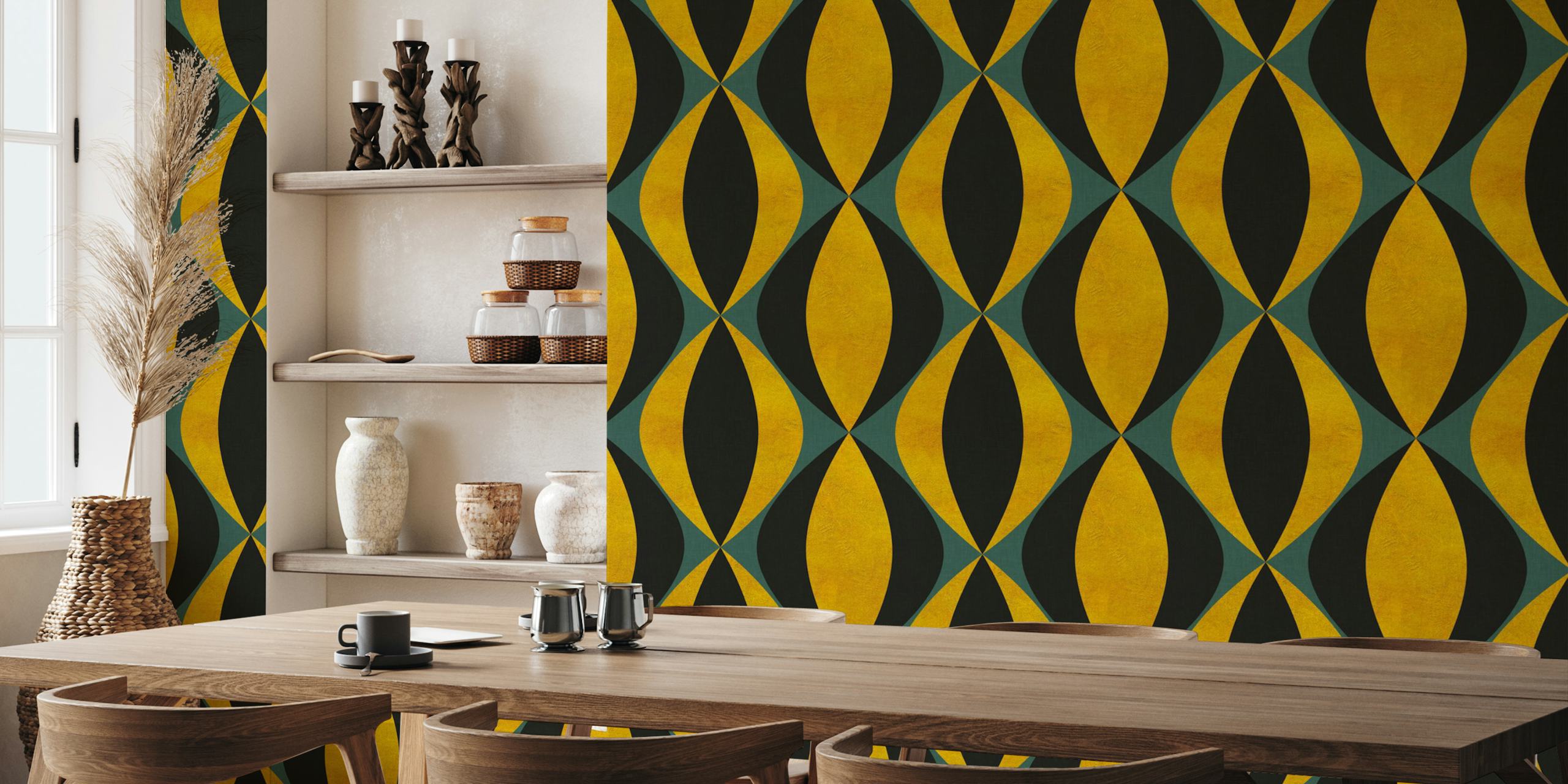 Gold geometric shapes with black and teal accents wallpaper