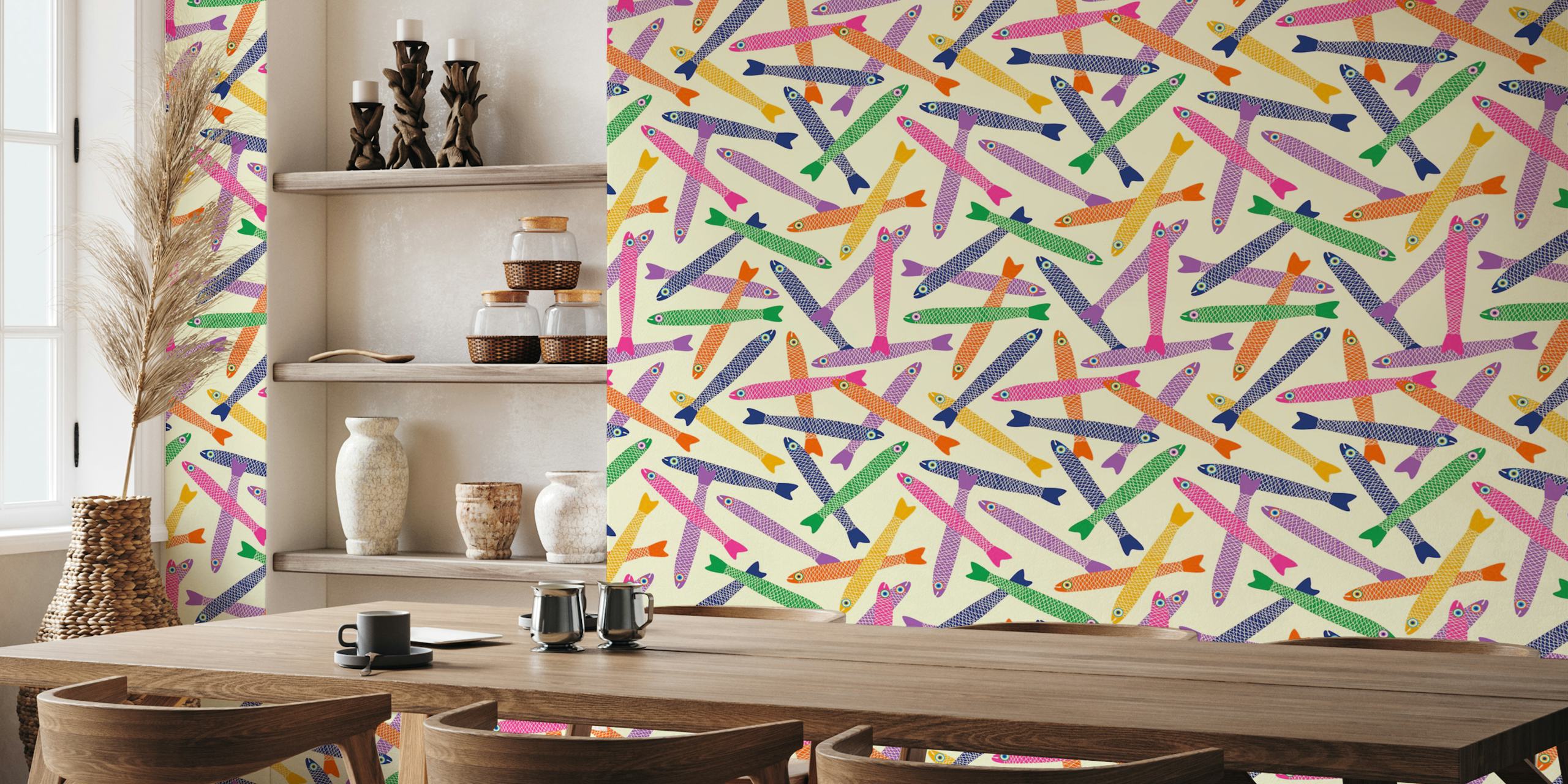 Colorful fish pattern in vibrant hues on cream wallpaper