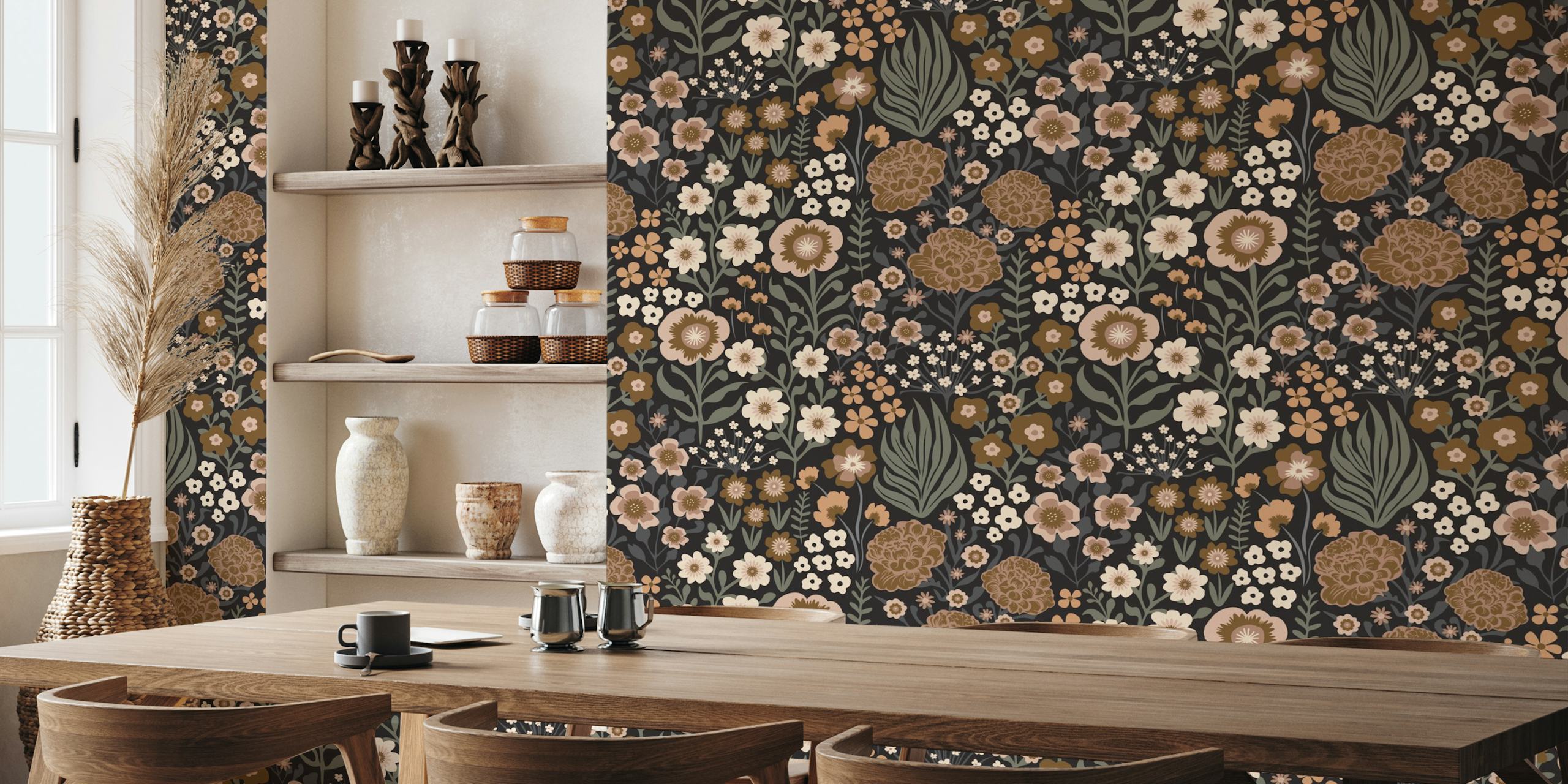 Dark botanical wallpaper with neutral wildflowers and a moody background