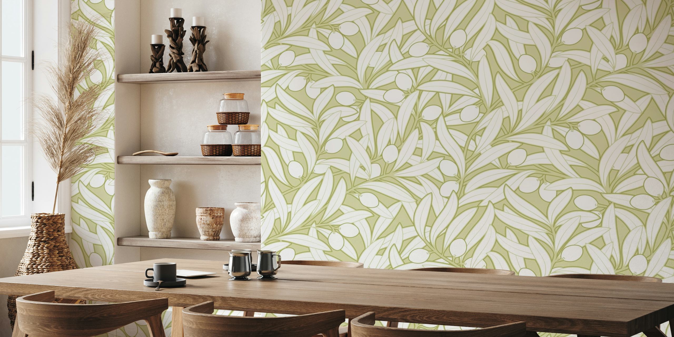Olives Neutral Botanički zidni mural u mat maslinastozelenoj boji s elegantnim ilustracijama maslinovih grančica