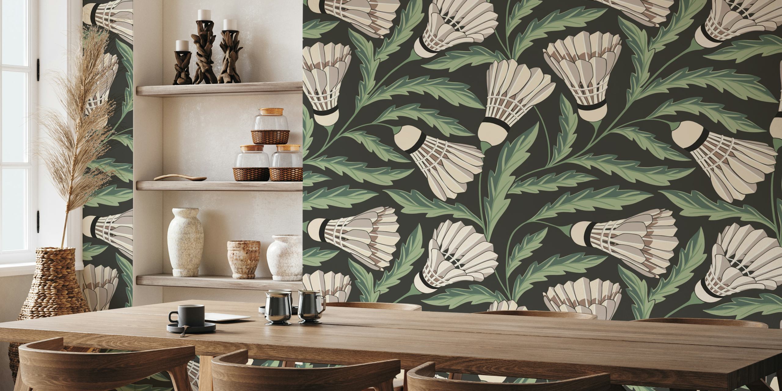 Whimsical badminton plants wallpaper in a room