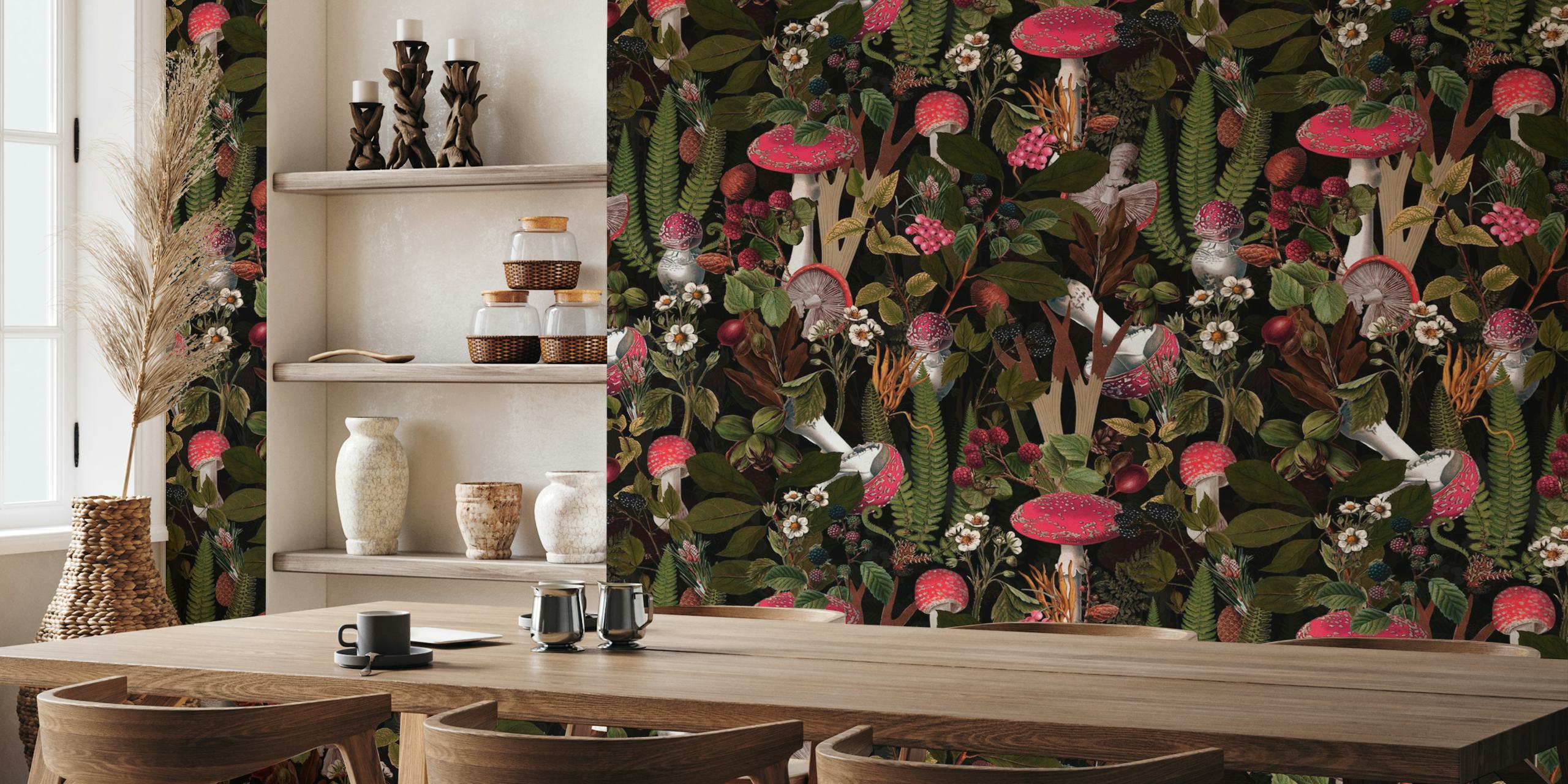 Papel pintado Vintage Forest con champiñones y follaje.