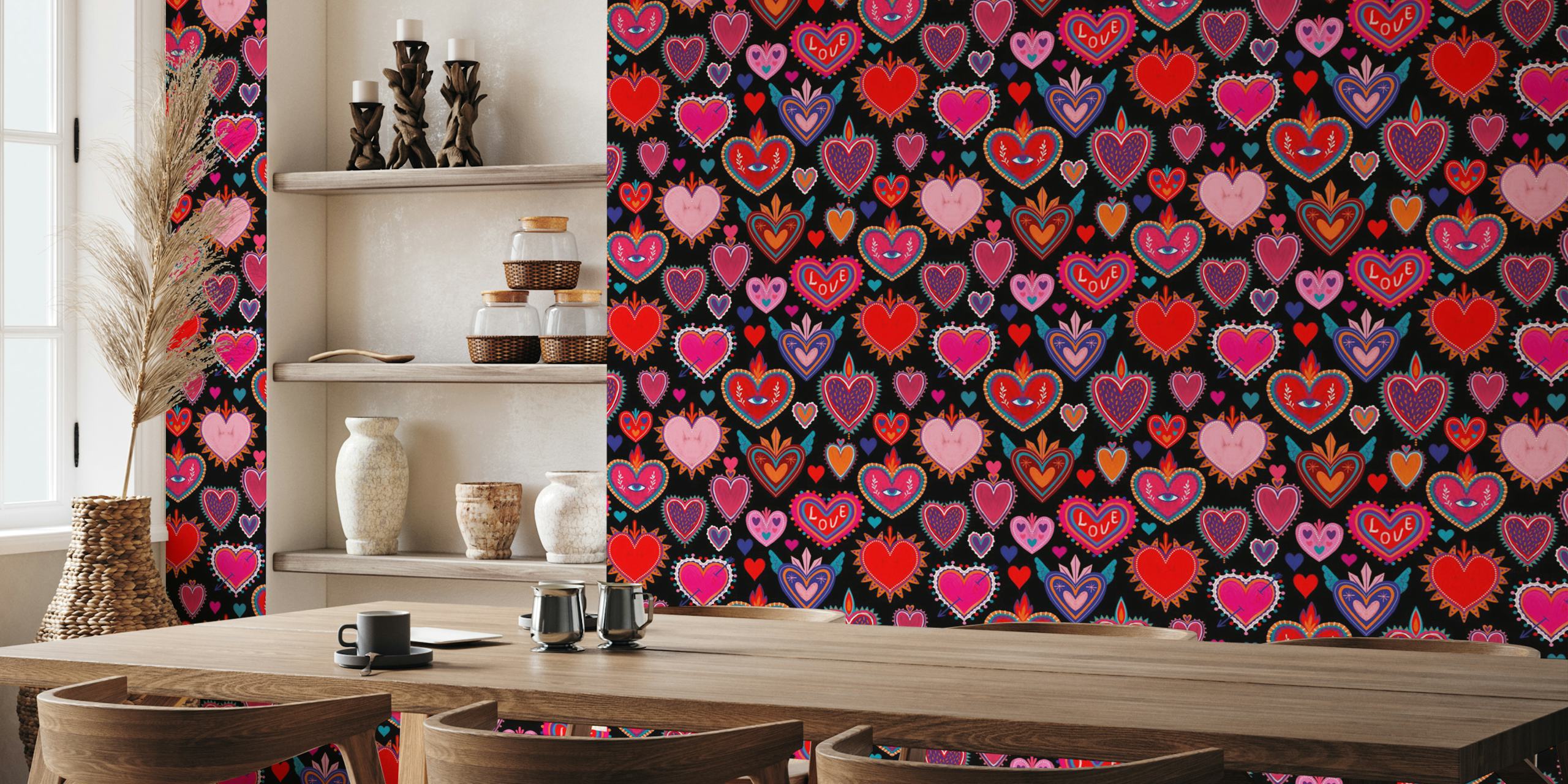 Colorful heart patterns on a black background wallpaper