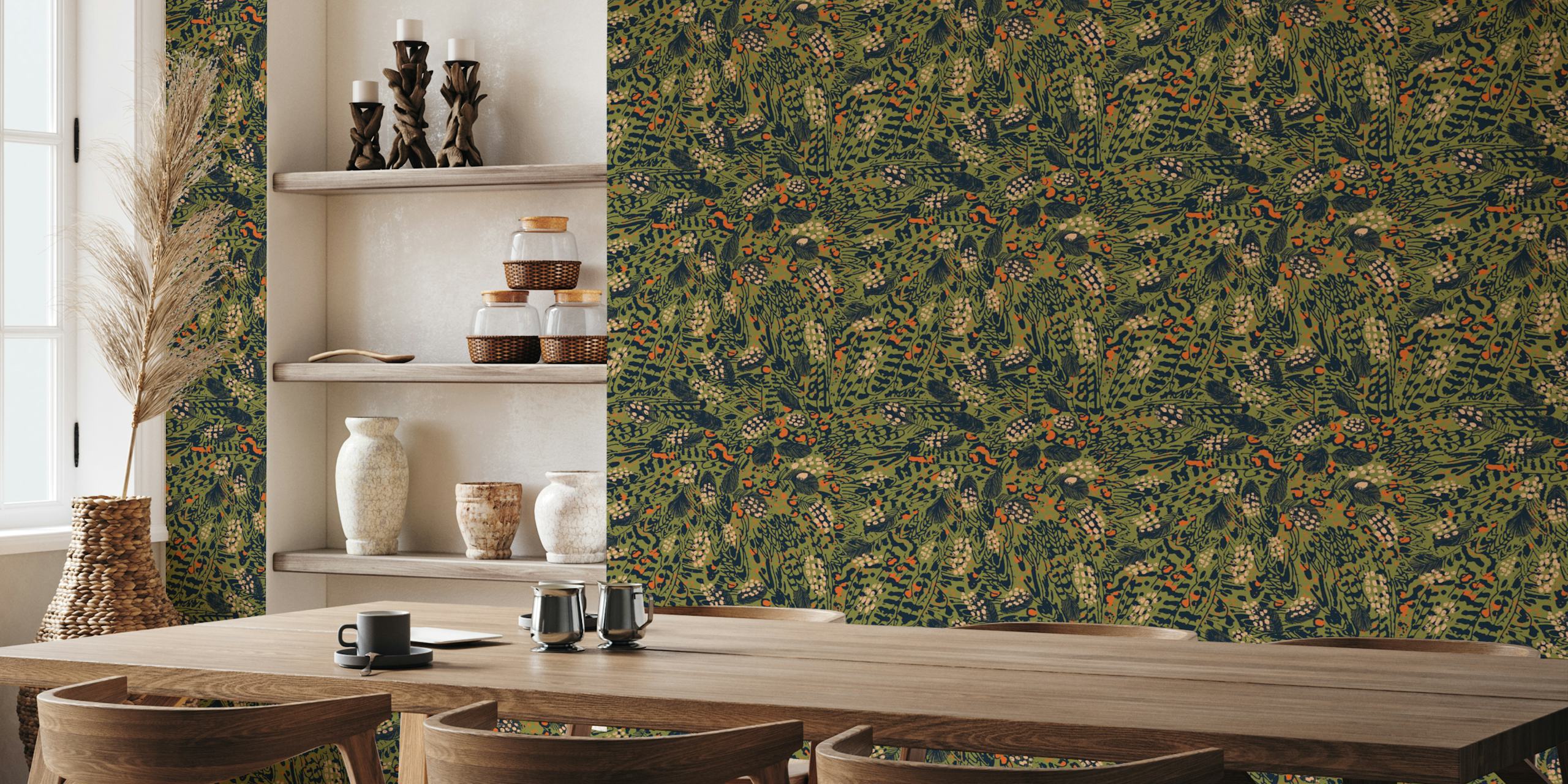 Animal Print Green Camouflage vægmaleri med tropiske blade og abstrakte mønstre
