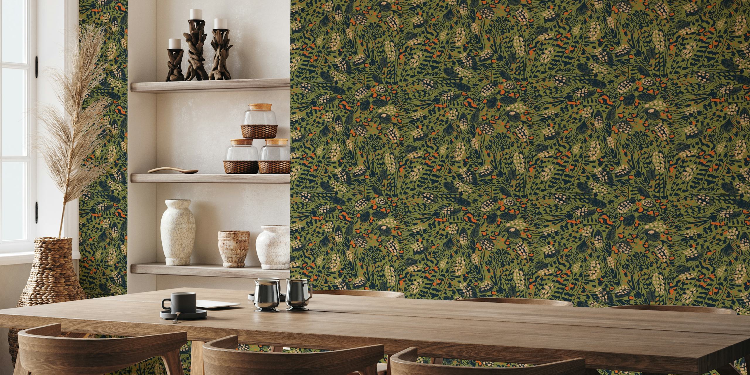 Grünes Camouflage-Wandbild im Animal-Print mit tropischen Blättern und abstrakten Mustern