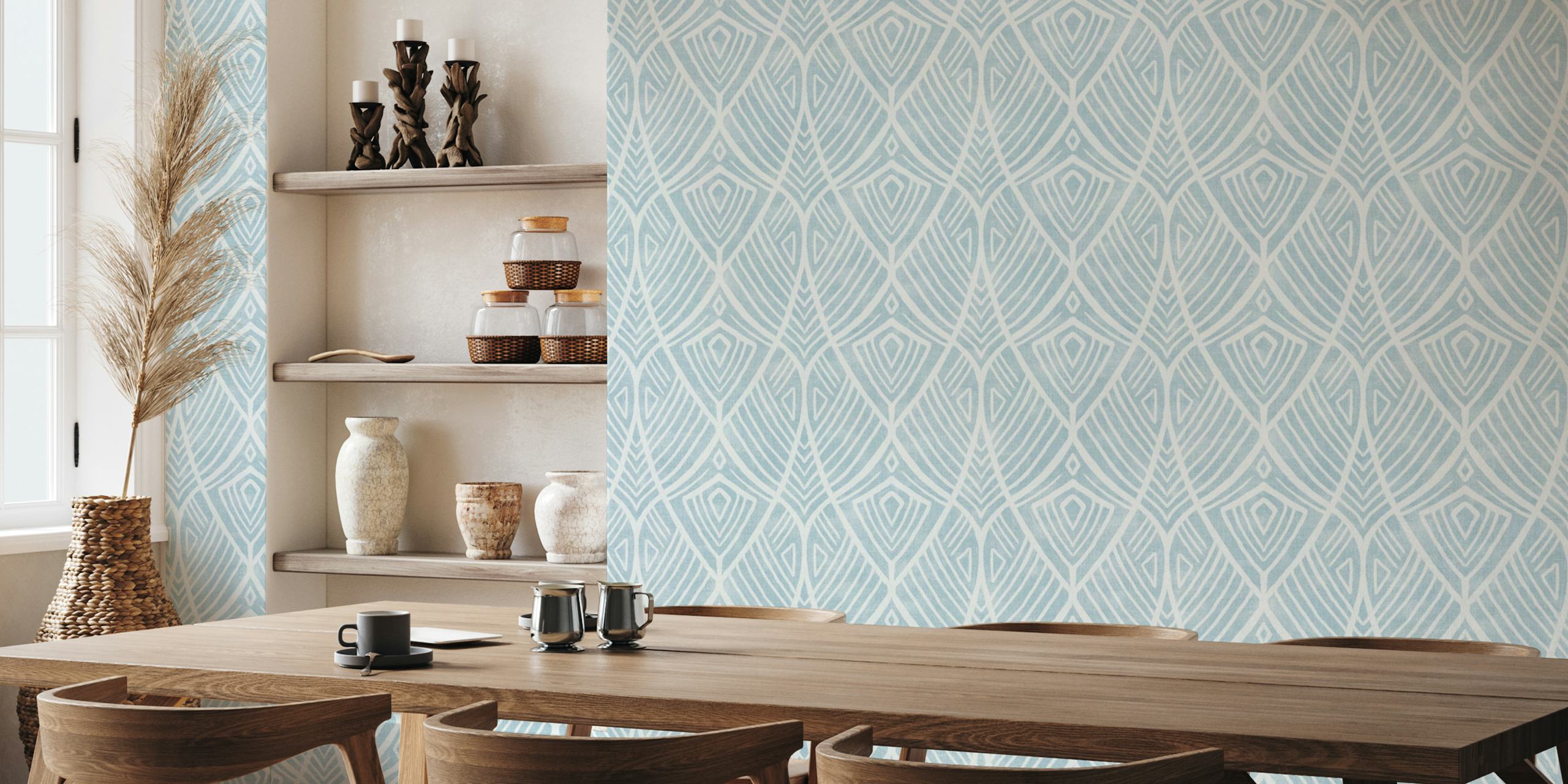 Art deco linework wallpaper in grey blue