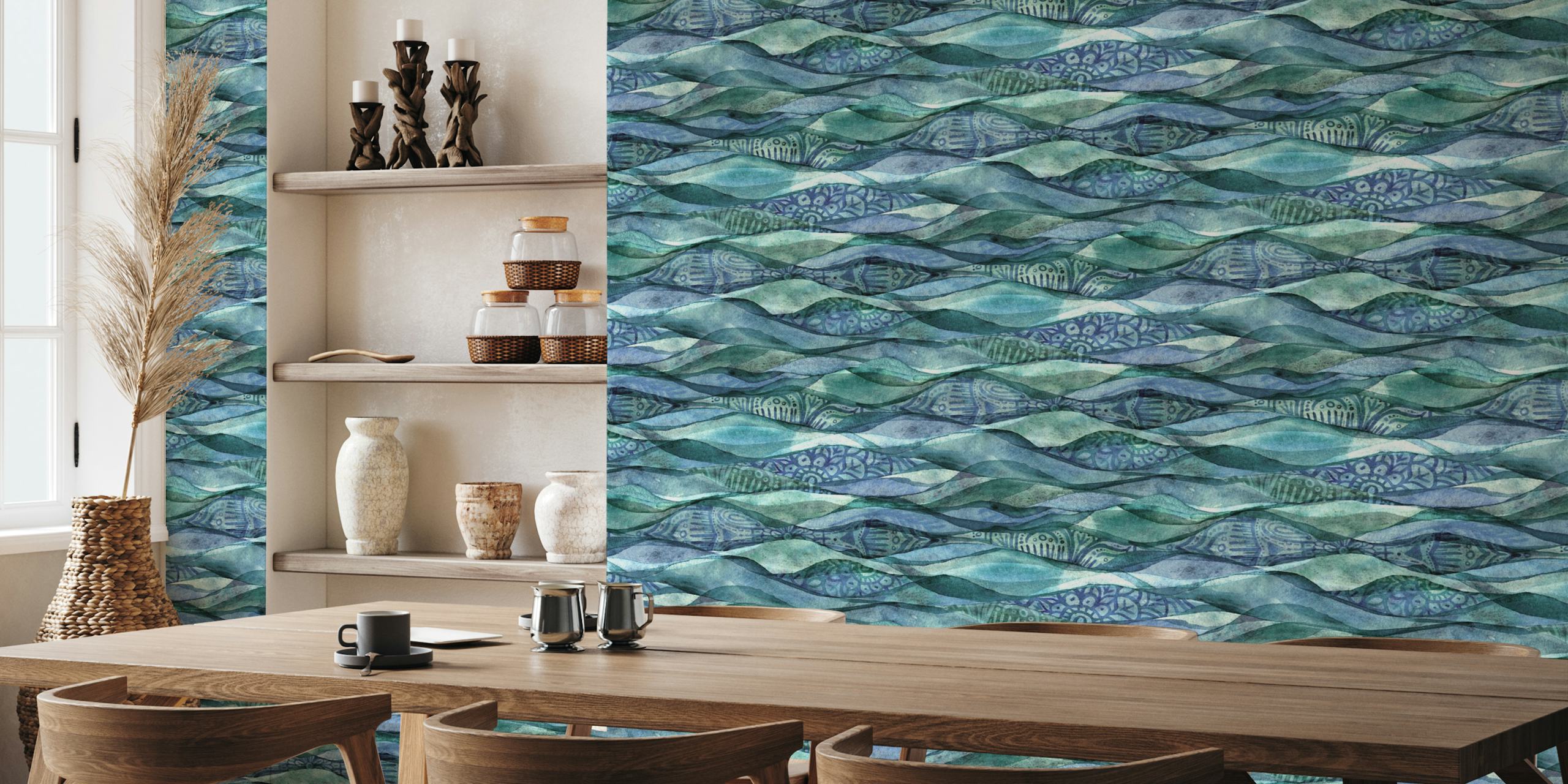 Watercolor ocean waves in blue and green tones wallpaper