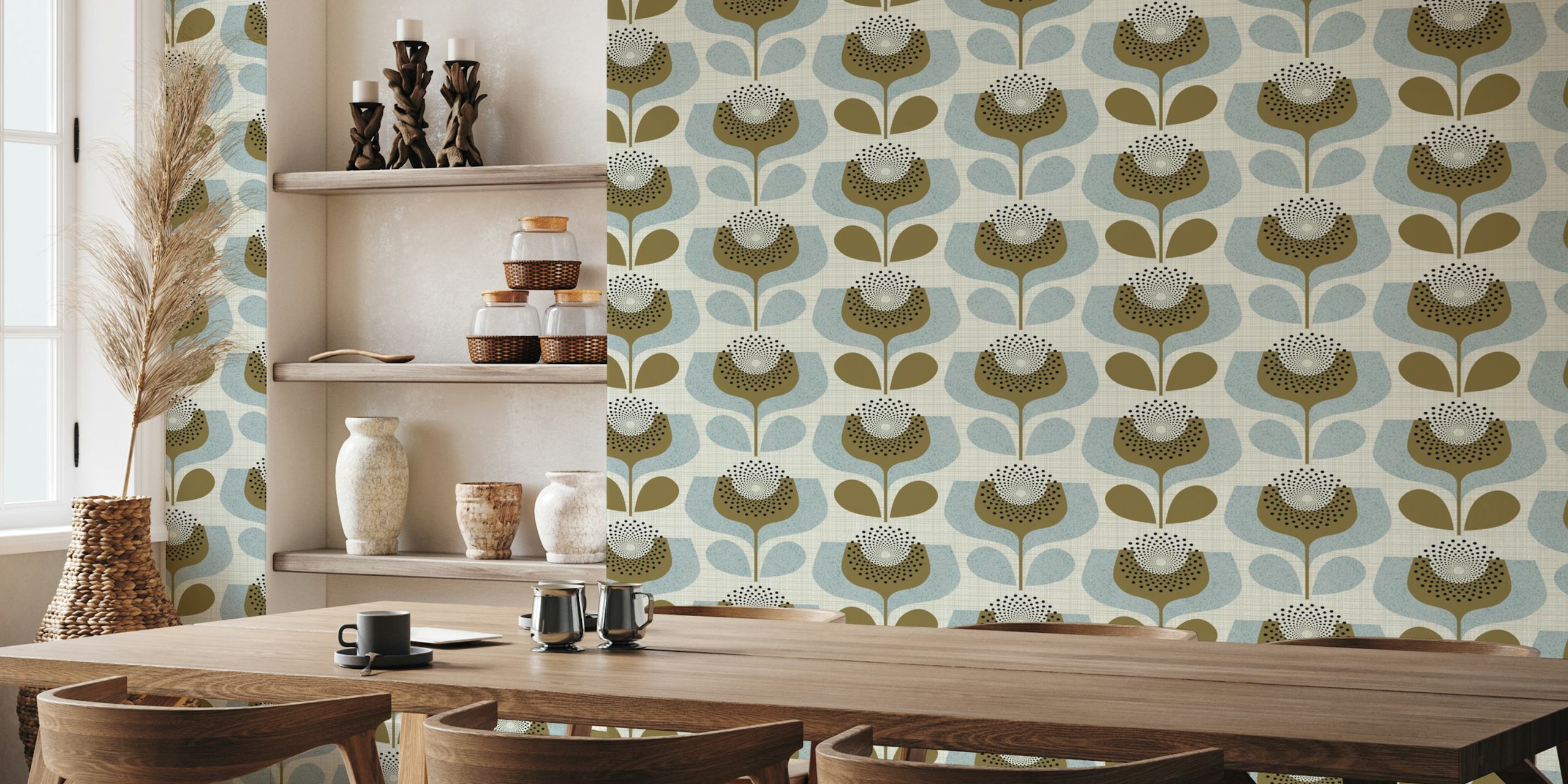 Mid century floral design featuring blue and brown abstract blooms wallpaper