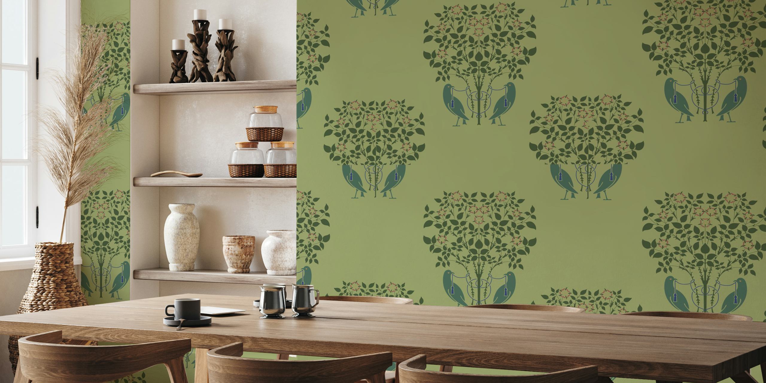 Art Nouveau Birds and Roses Tapete in einem Zimmer
