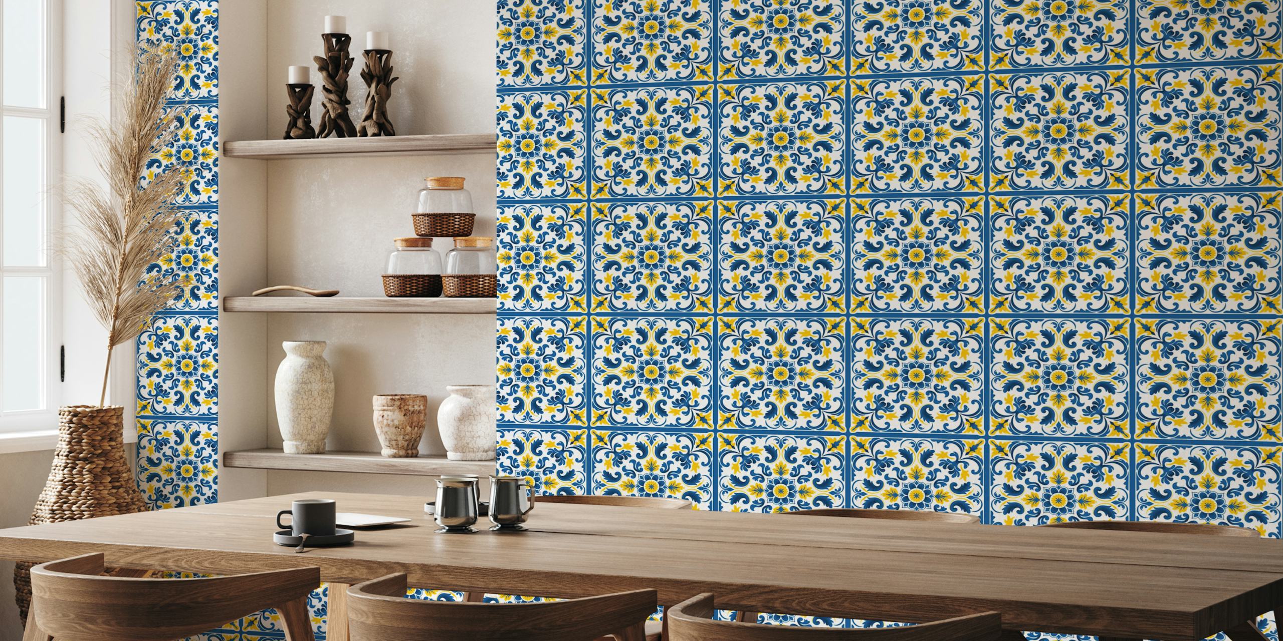 Yellow and blue ceramic tile wallpaper in a room