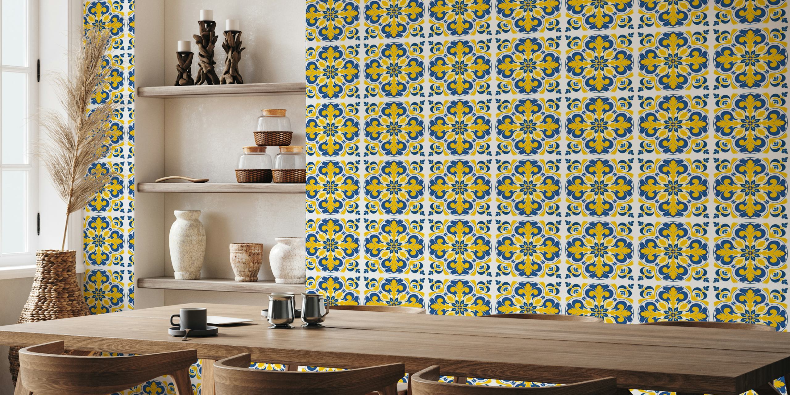 Yellow and Blue Ceramic tile tapet i ett rum