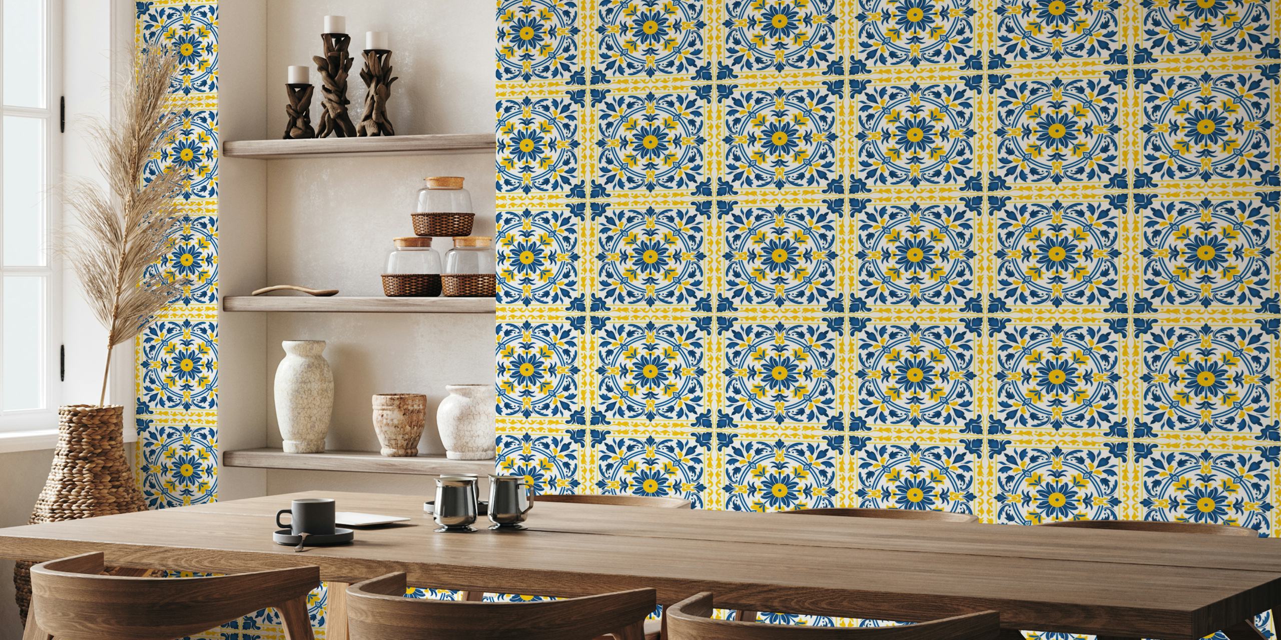 Yellow and Blue Ceramic tile Tapete in einem Raum