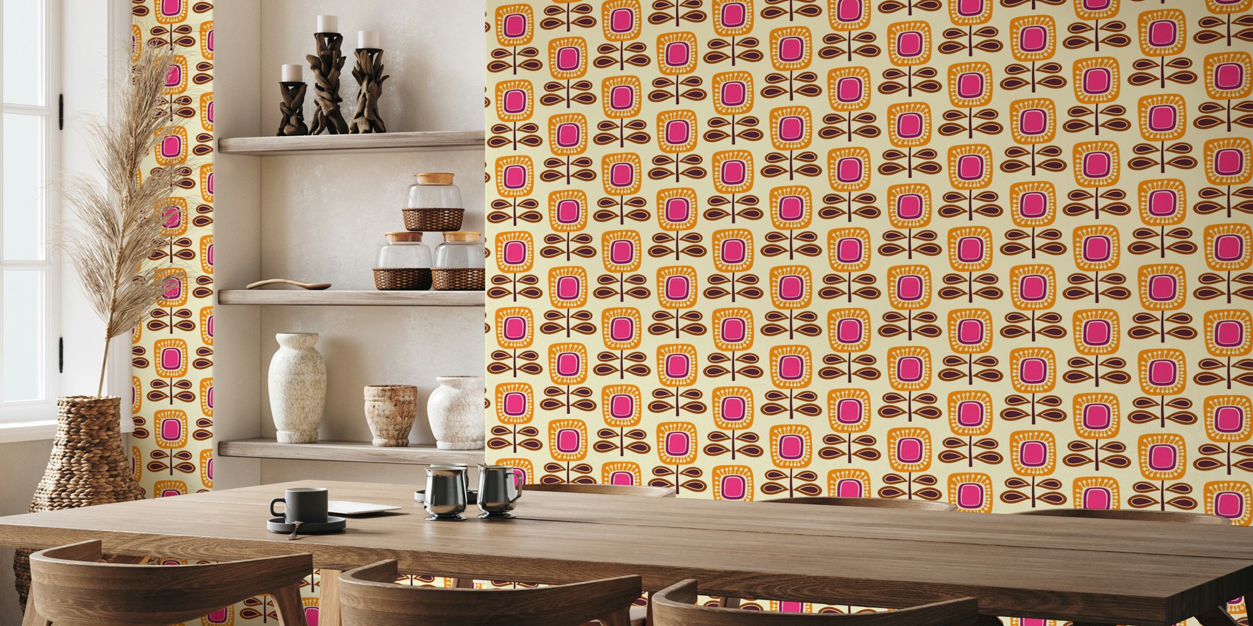 Retro floral pattern wallpaper with pink and orange flowers on a cream background