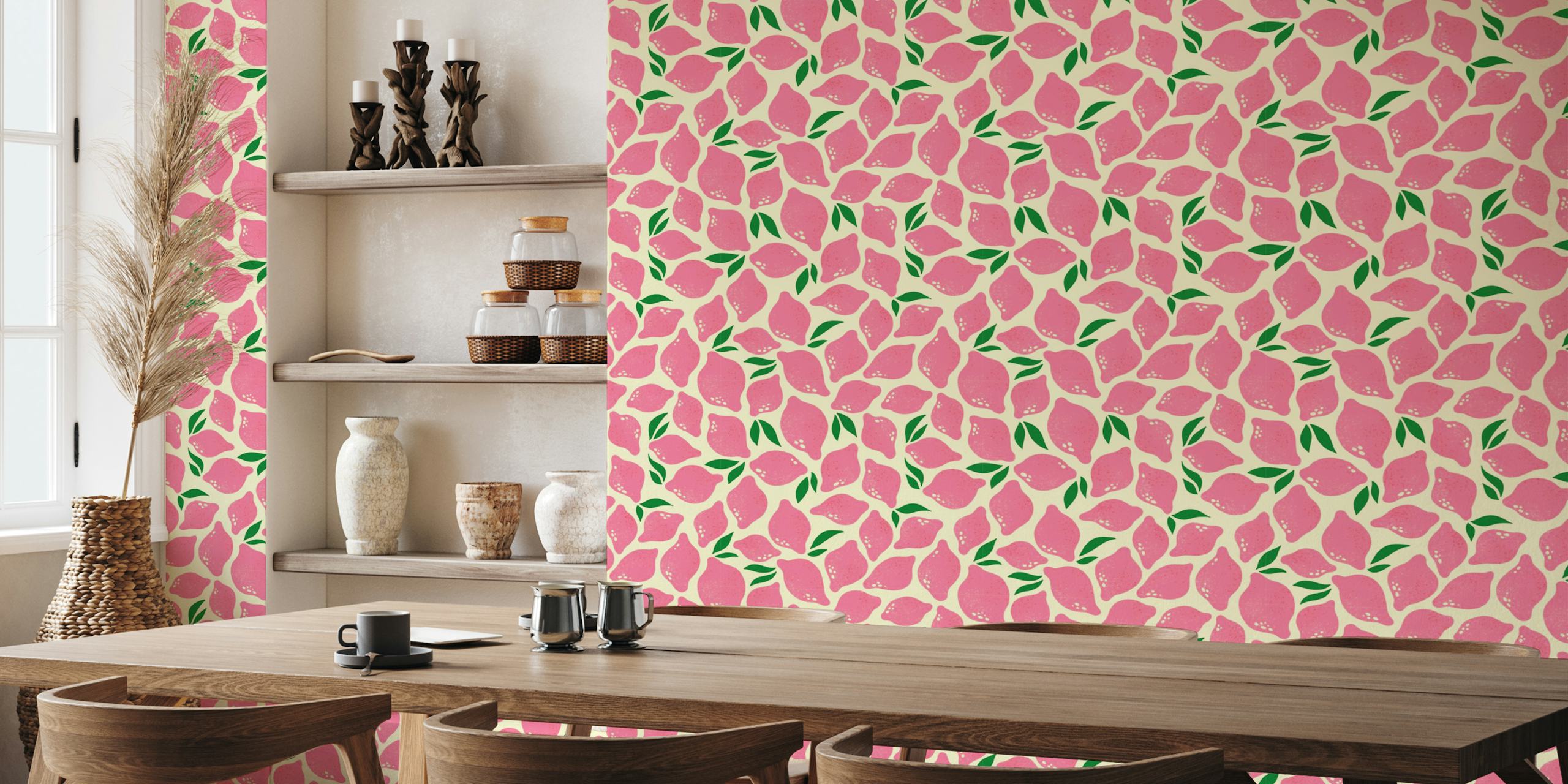 Fotomural vinílico de parede com limão rosa e folhas verdes