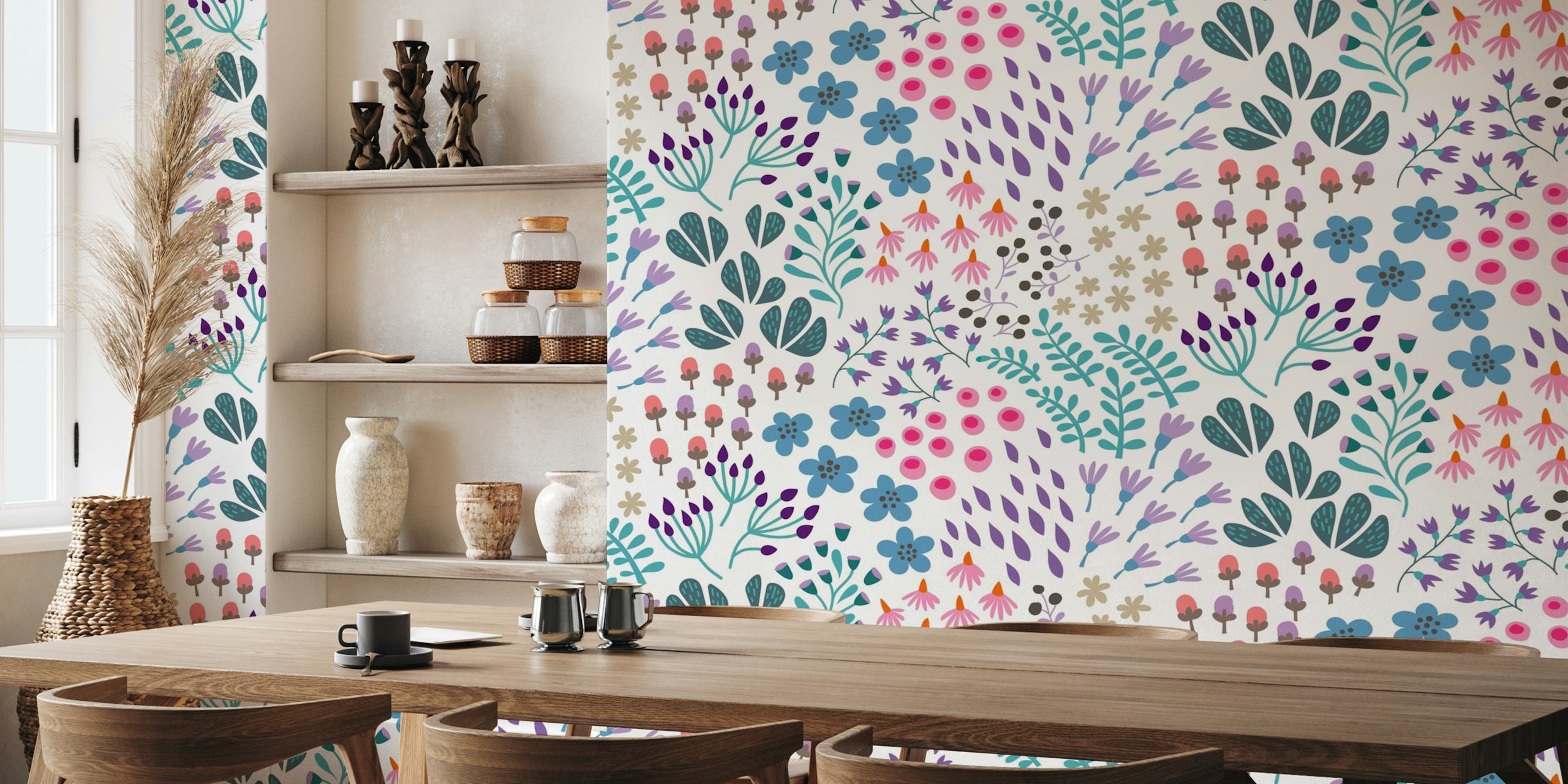 Whimsical watercolor floral wall mural with soft pinks and tranquil blues