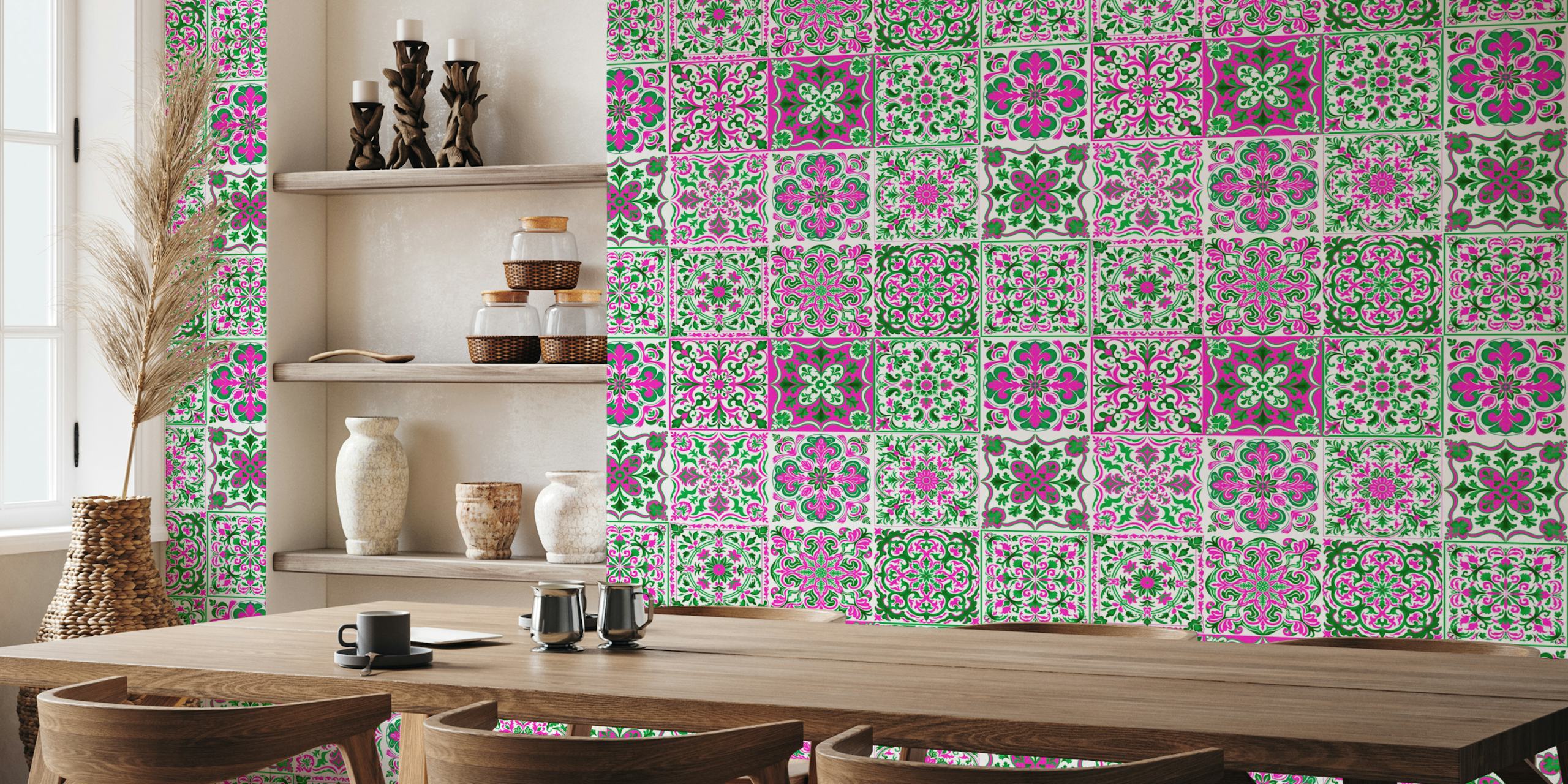 Azulejos Cerâmicos Mistos 7 - Mural de parede rosa e verde com desenhos florais e padrões simétricos