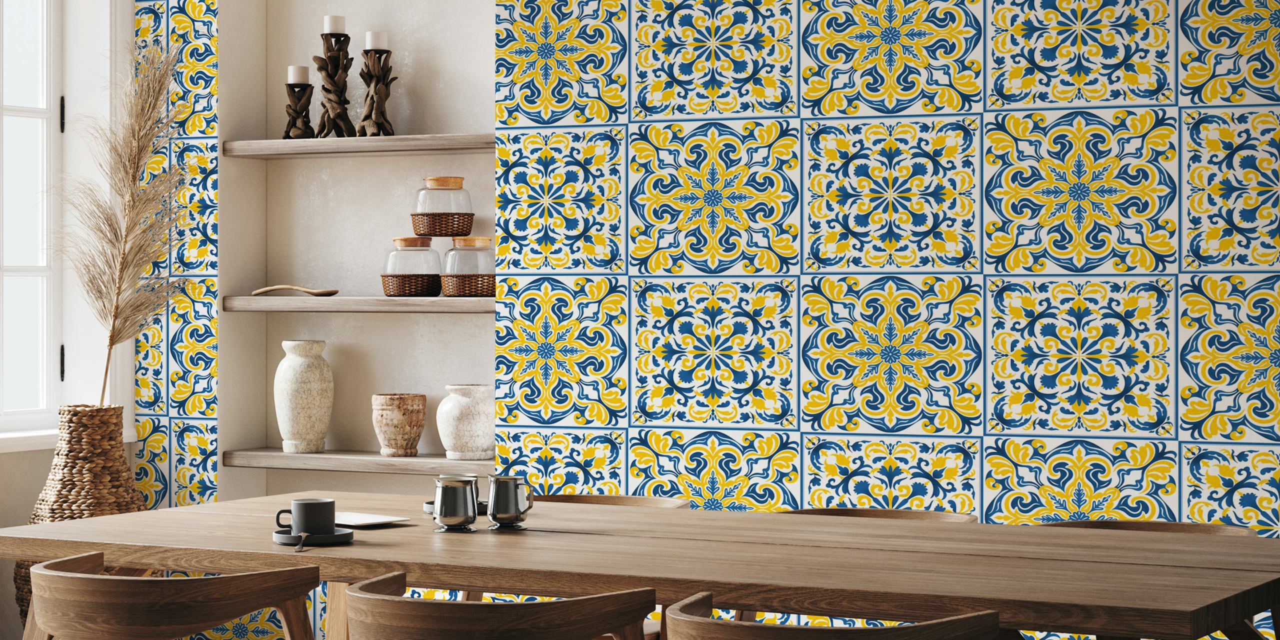 Carta da parati mista con due piastrelle in ceramica 1 con motivi blu e gialli