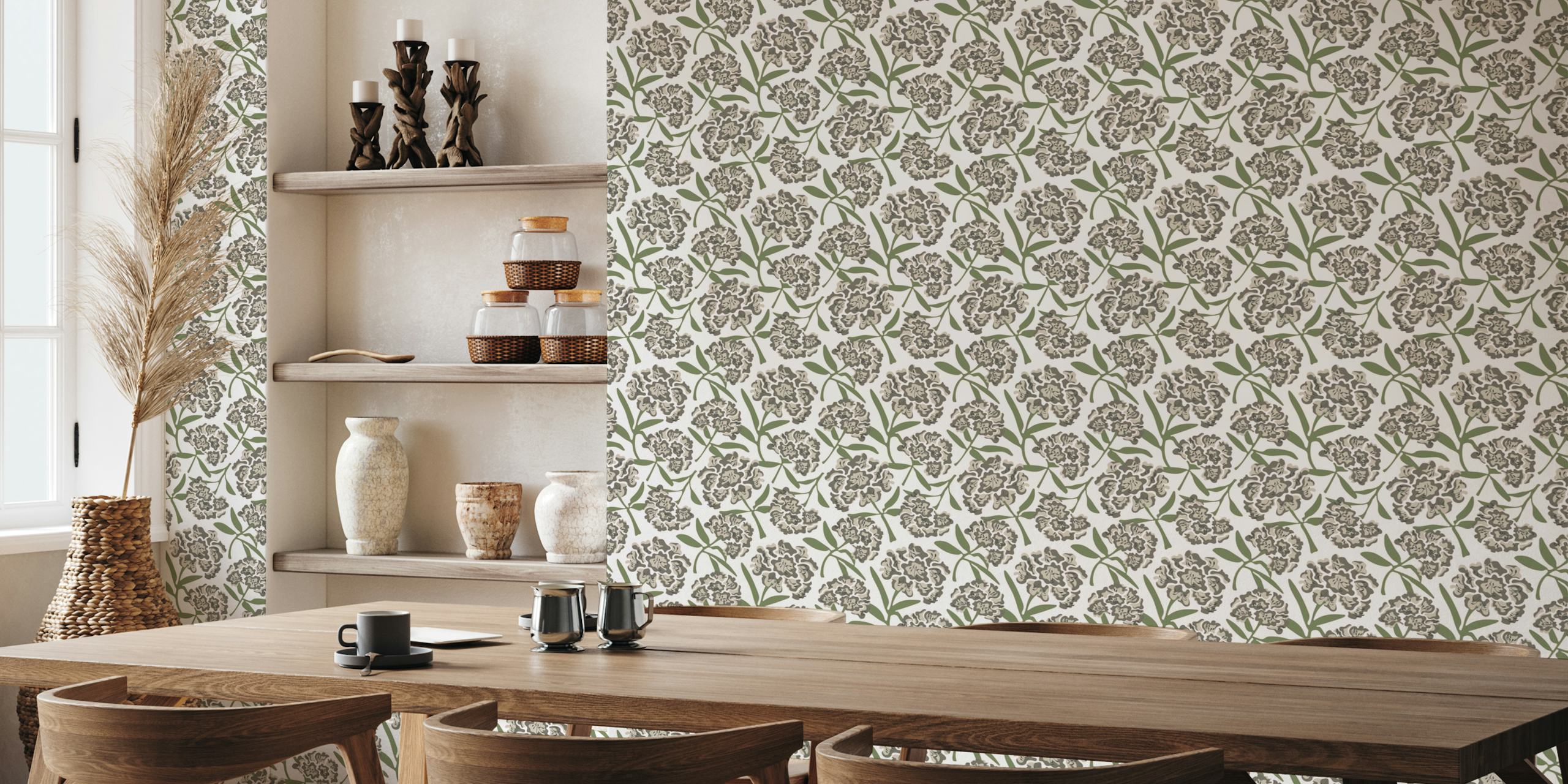 Gray and green rhododendron floral pattern wallpaper