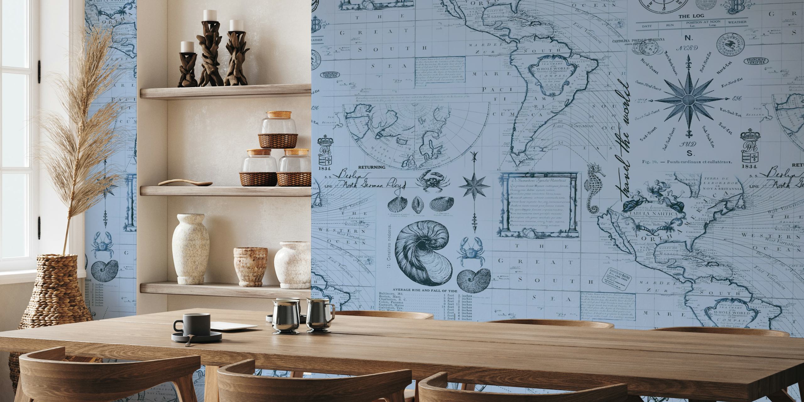 Papel tapiz mural náutico con mapas y brújula