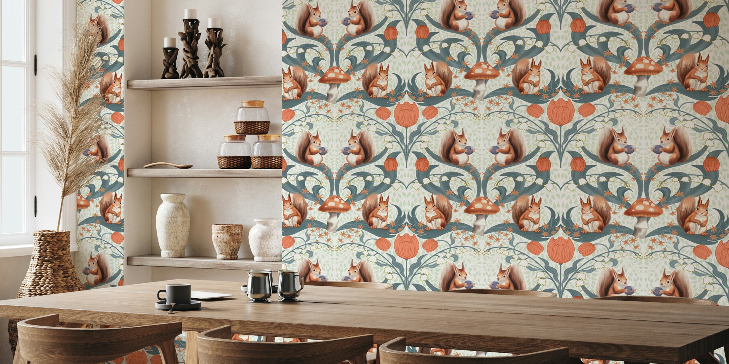 Squirrel and floral pattern in soft tones wallpaper