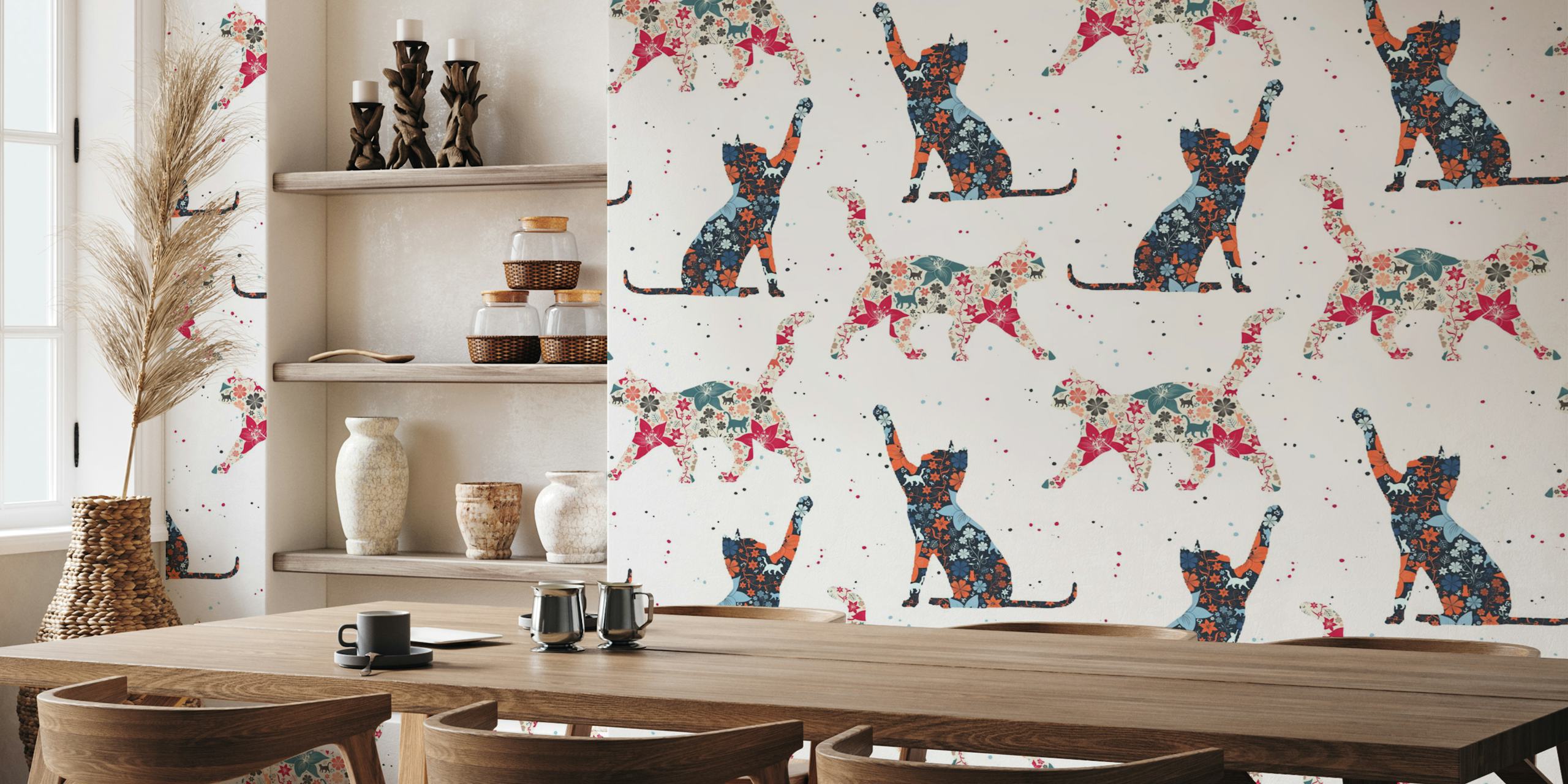 Design de papel de parede Cats e Flowers em um quarto