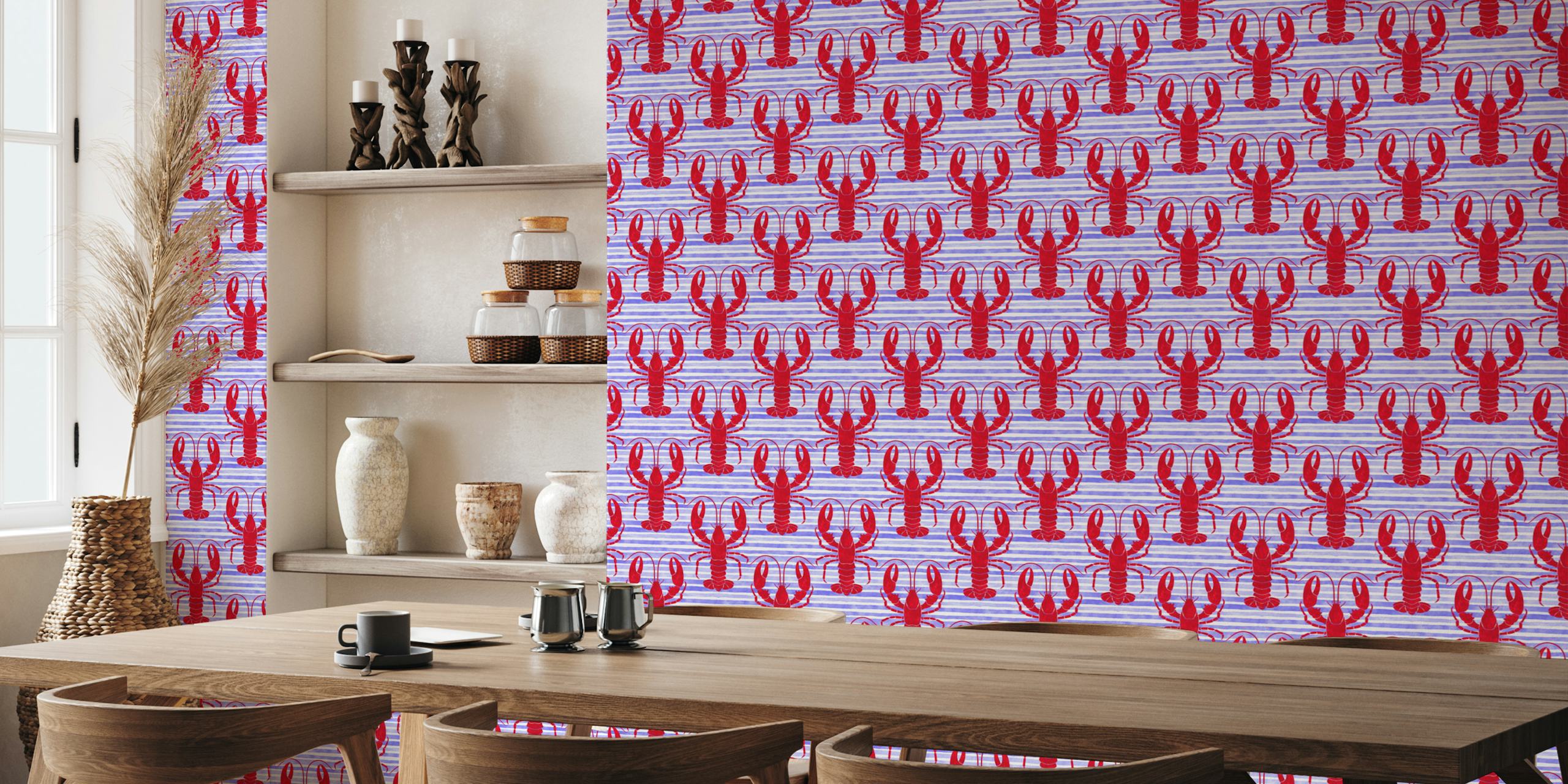 Papier peint mural à motif de homards rouge foncé sur fond rayé bleu et blanc