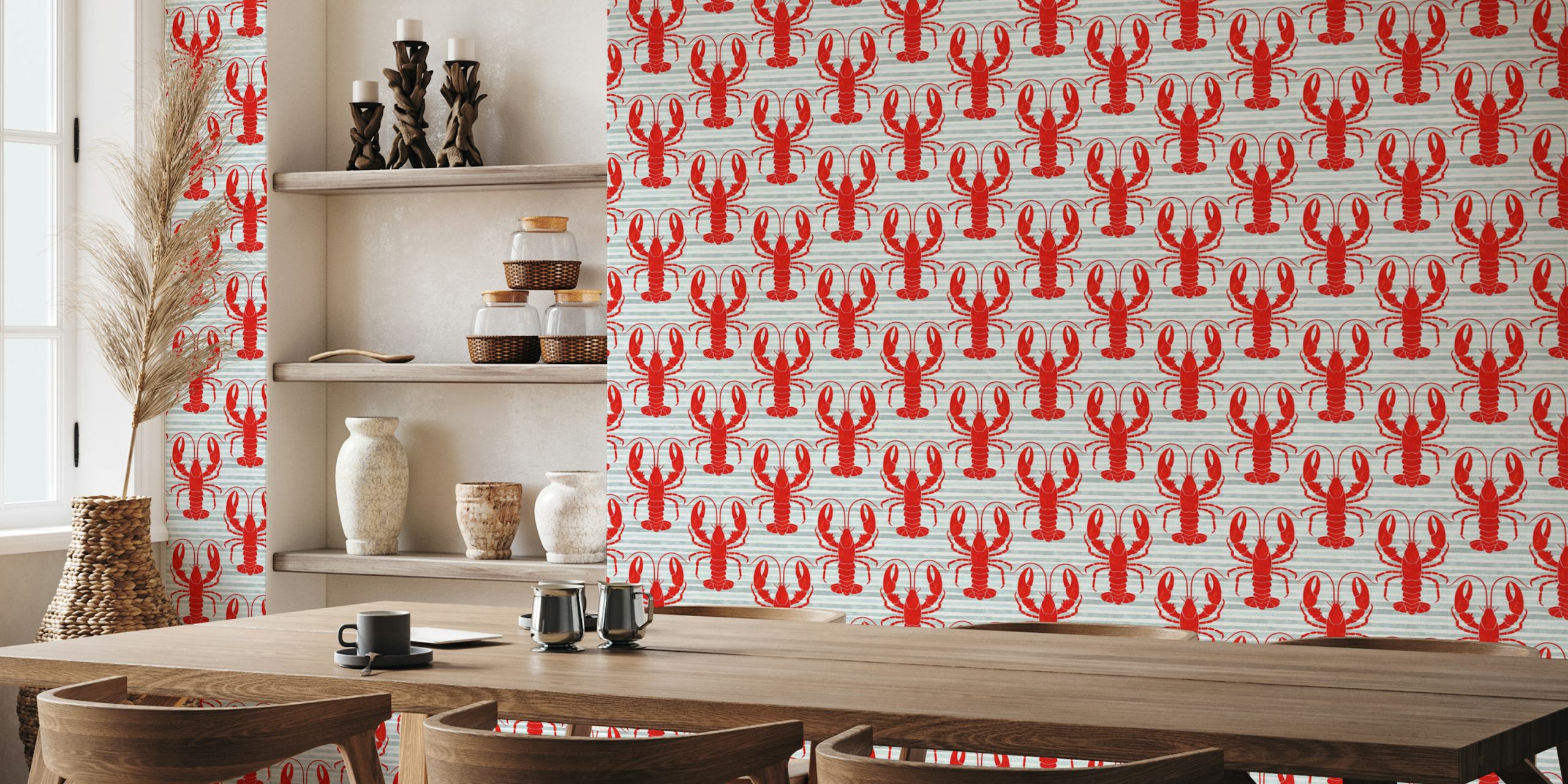 Red lobsters on grey striped wallpaper
