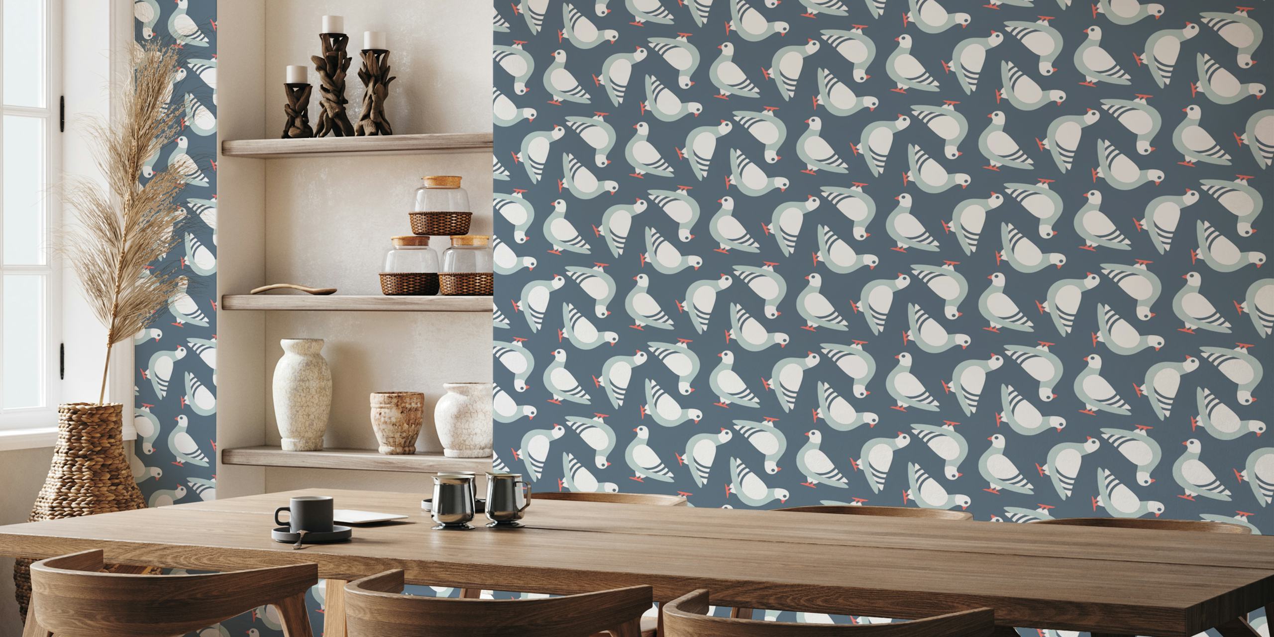 Pattern of cute gray and white pigeons on a dark blue background wallpaper