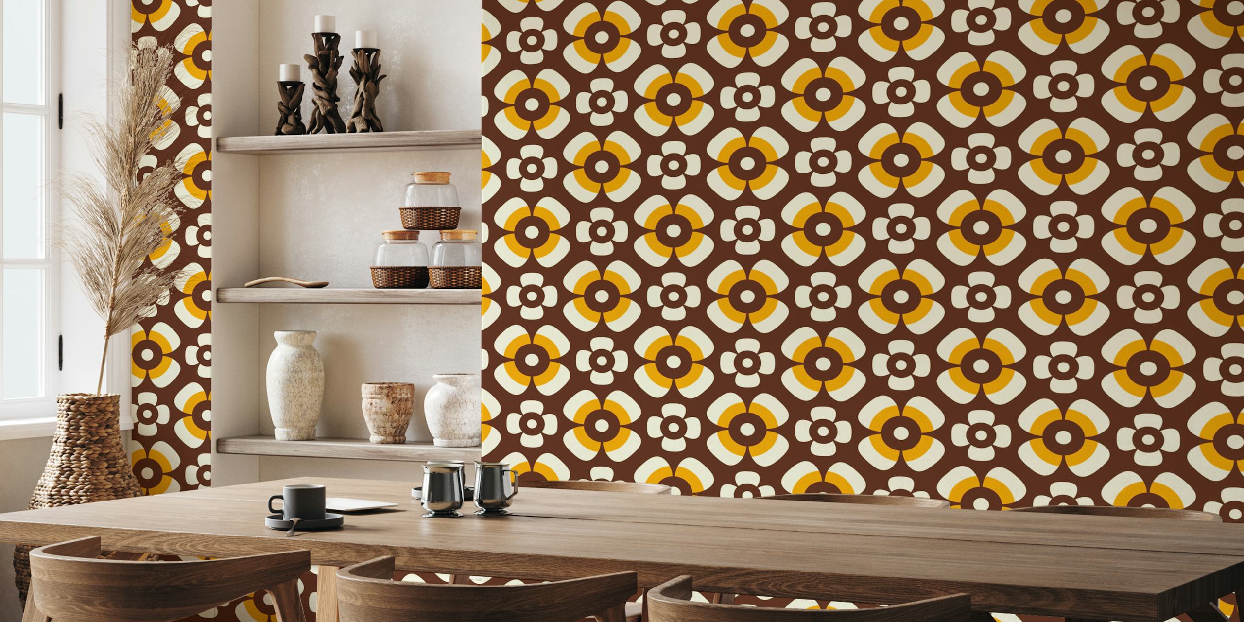 Braune und orange Retro Blumen Tapete